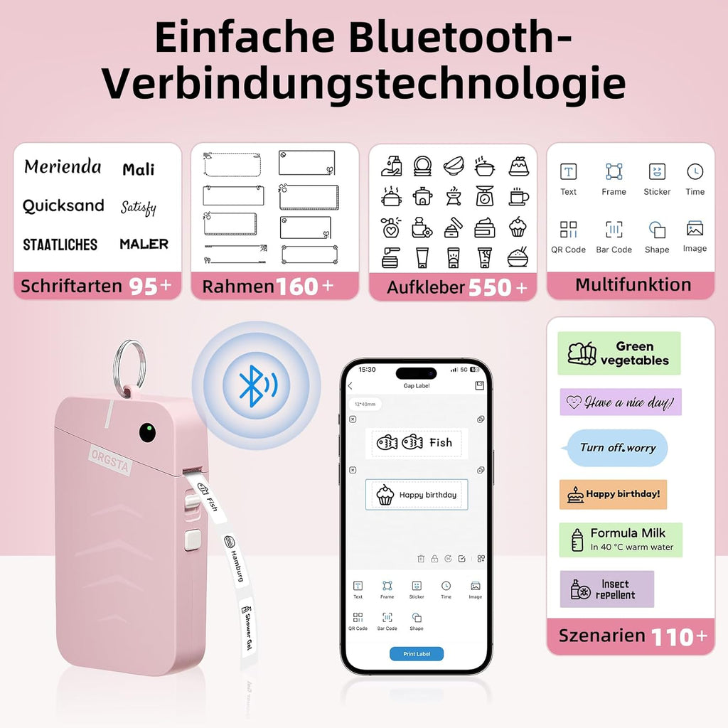 ORGSTA S001 Etikettendrucker Bluetooth 2000 mAh Selbstklebend Label Printer