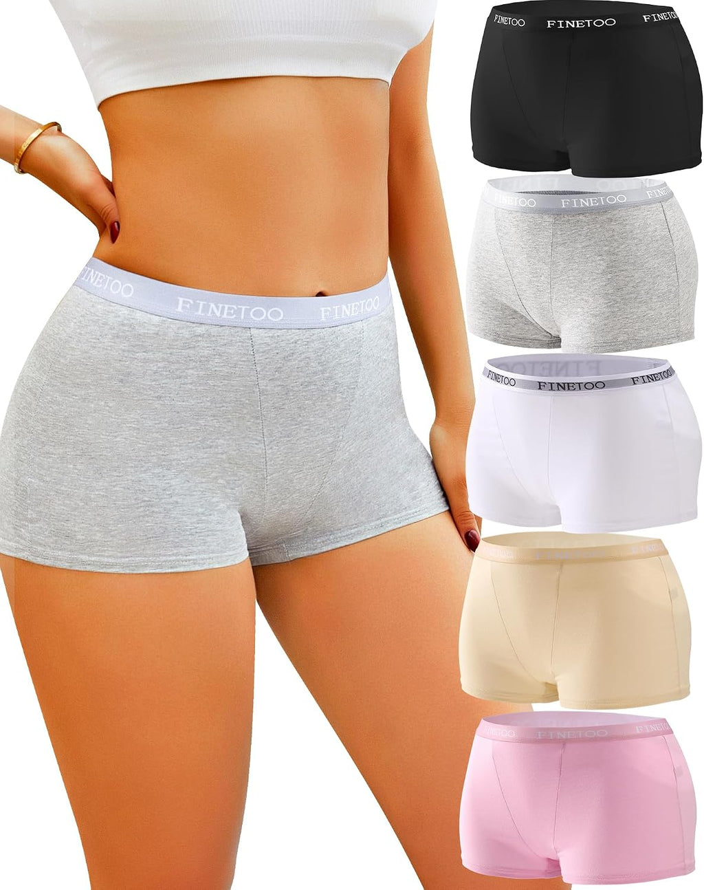 Finetoo Damen Boxershorts 5er Pack Baumwolle Hipster atmungsaktiv S-XXL weiss