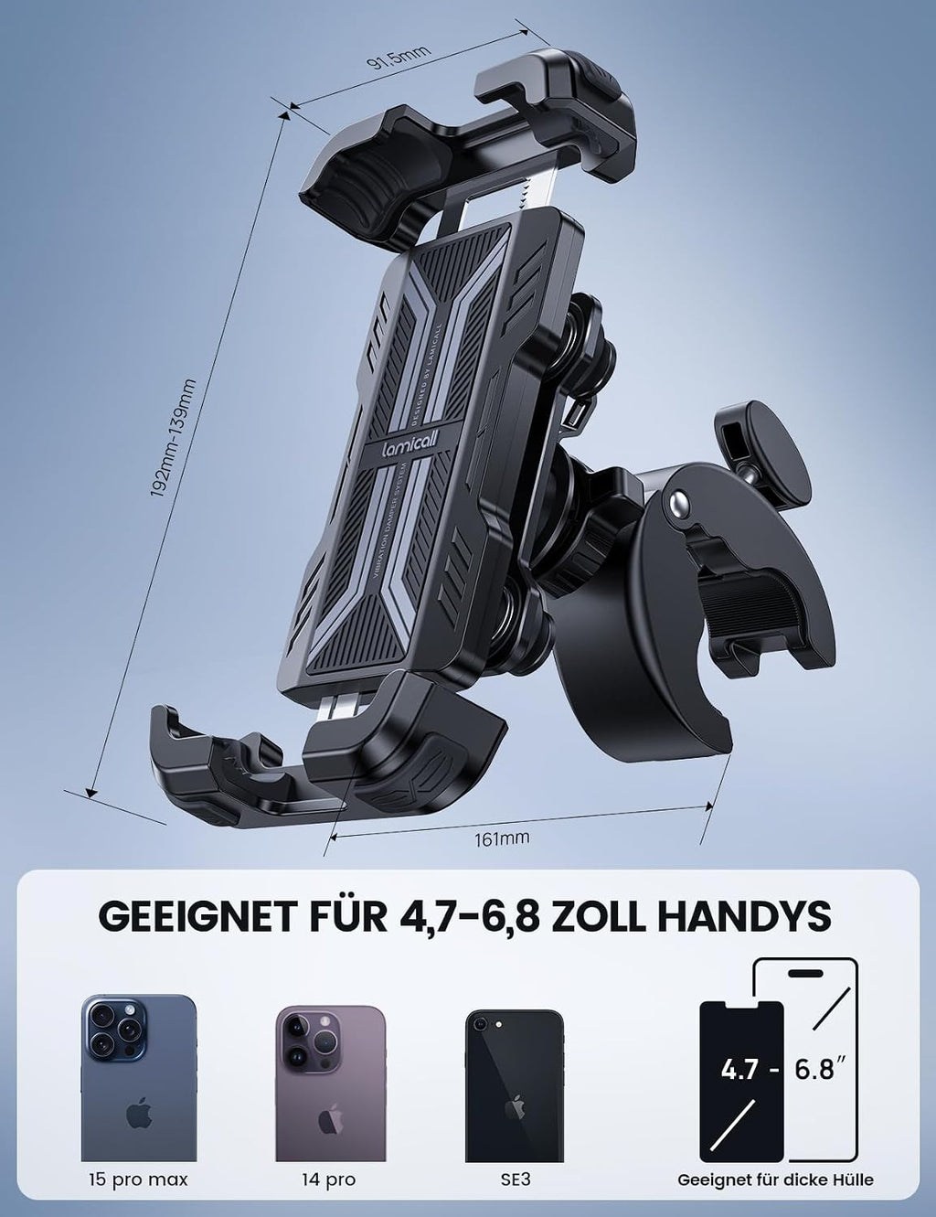 Motorrad Handyhalterung mit Vibrationsdaempfer 360° Lenkerhalter