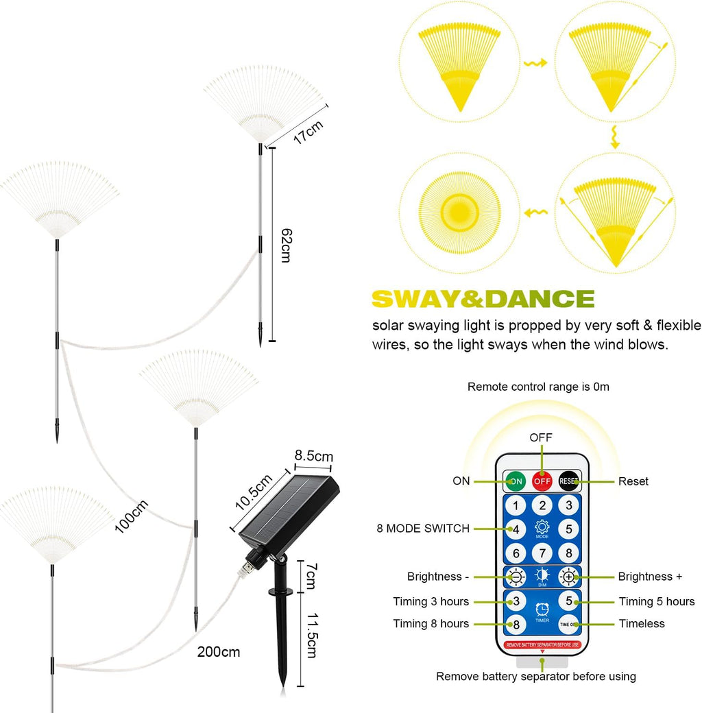 Liyade Solar Gartenleuchten 2 Stueck 120 LED Warmweiss 8 Modi Feuerwerk Pusteblume
