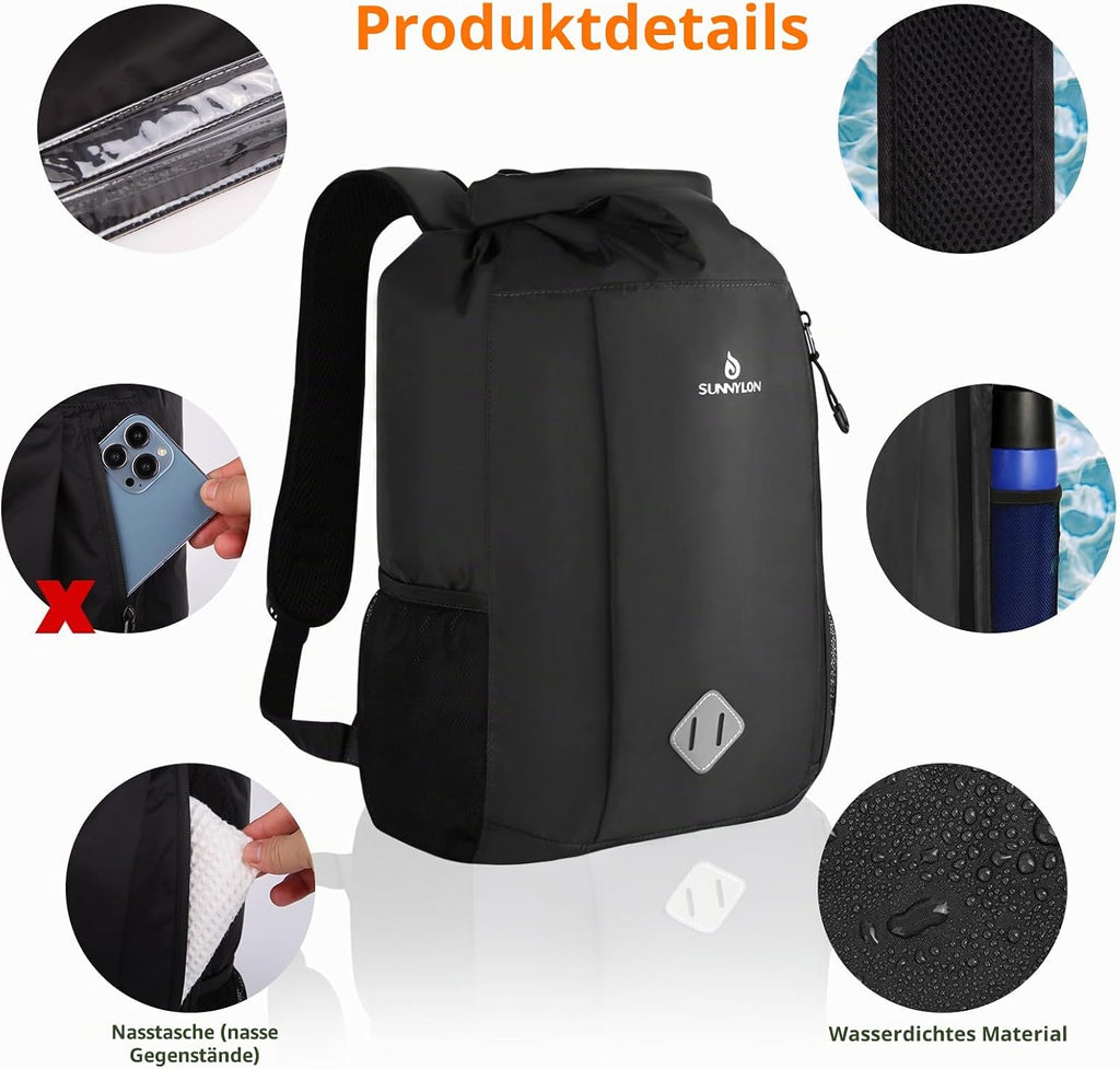 Dry Bag Rucksack 20L wasserdicht IPX8 Rolltop mit Handyhuelle fuer Kajak Strand