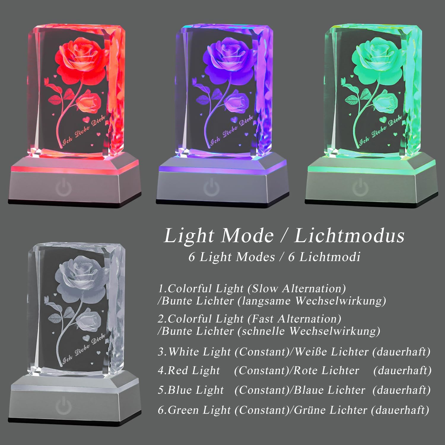 3D Rose Kristall Nachtlicht mehrfarbig Ich liebe dich Dekolampe Muttertag