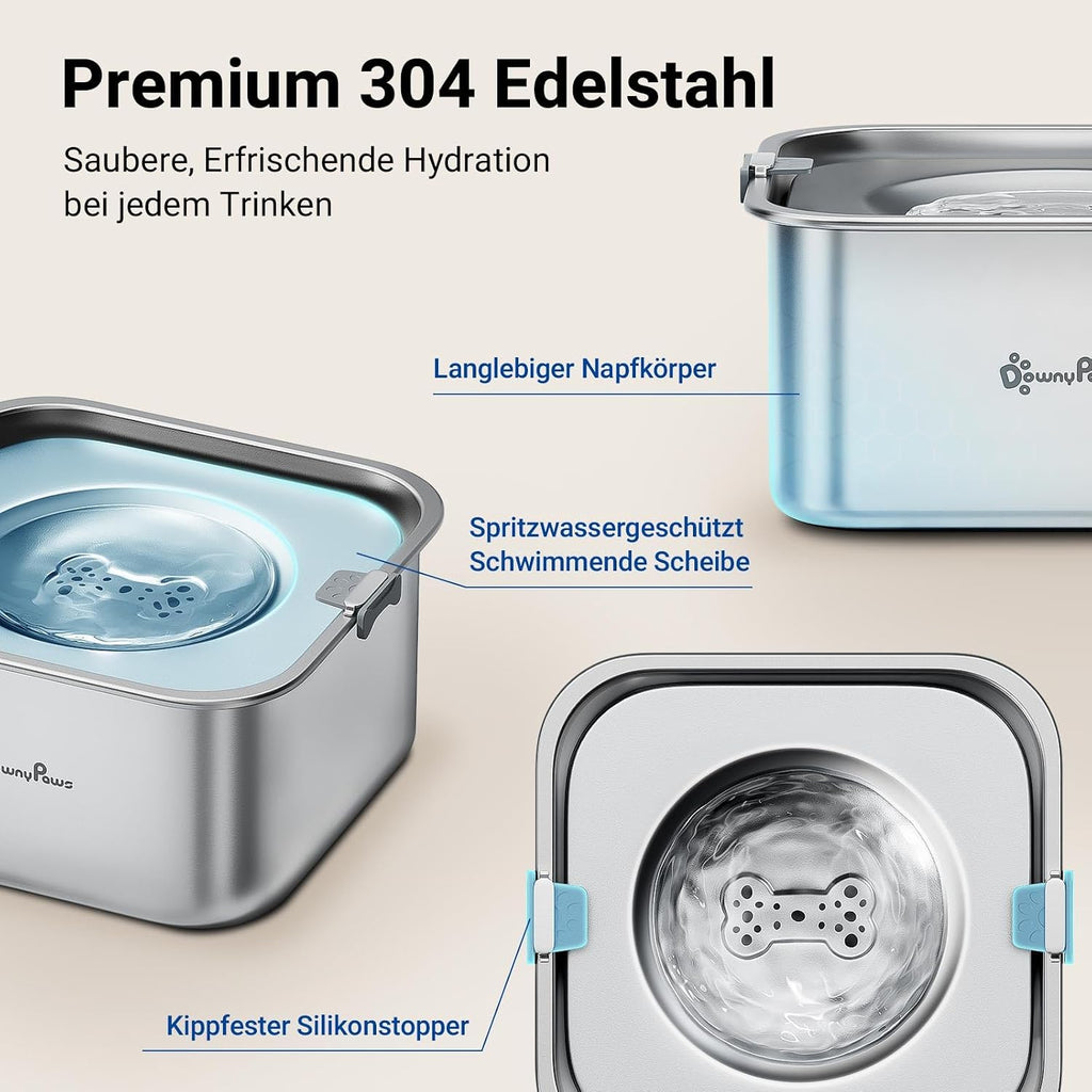DownyPaws Hundewassernapf aus 304 Edelstahl, tropffrei, fuer drinnen und drauss
