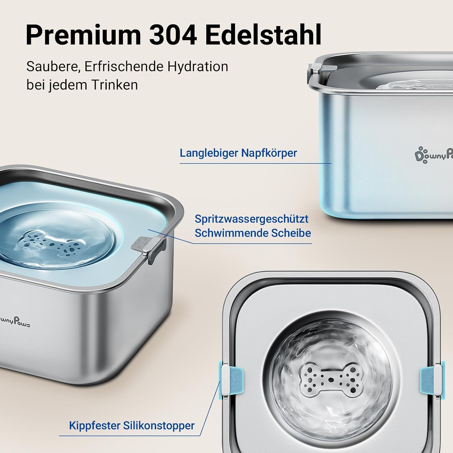 DownyPaws Hundewassernapf aus 304 Edelstahl, tropffrei, fuer drinnen und drauss