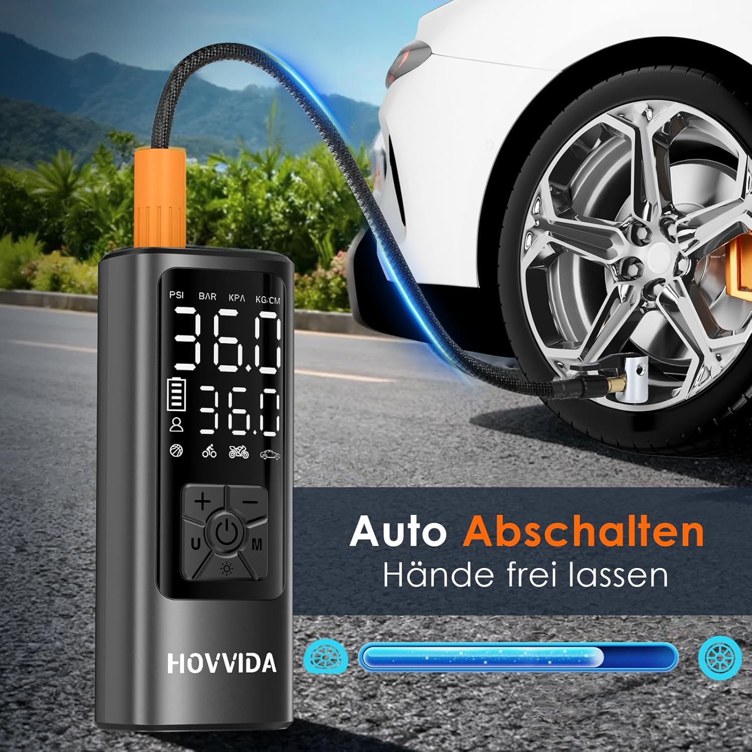 HOVVIDA Akku-Kompressor 10,3 Bar Digitales Reifendruckgeraet fuer Auto Fahrrad E-B
