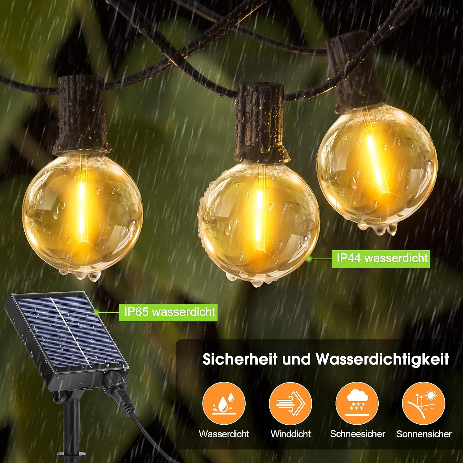 Solar Lichterkette aussen 15m G40 LED 21 Birnen dimmbar 8 Modi mit Fernbedienung