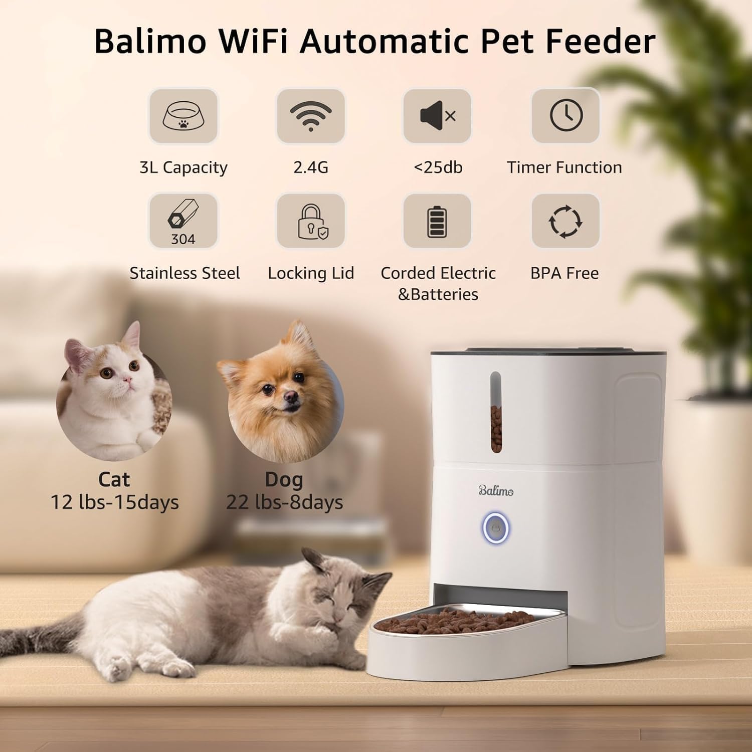 Balimo Futterautomat fuer Katzen 3L mit WiFi App Steuerung und Nachtlicht