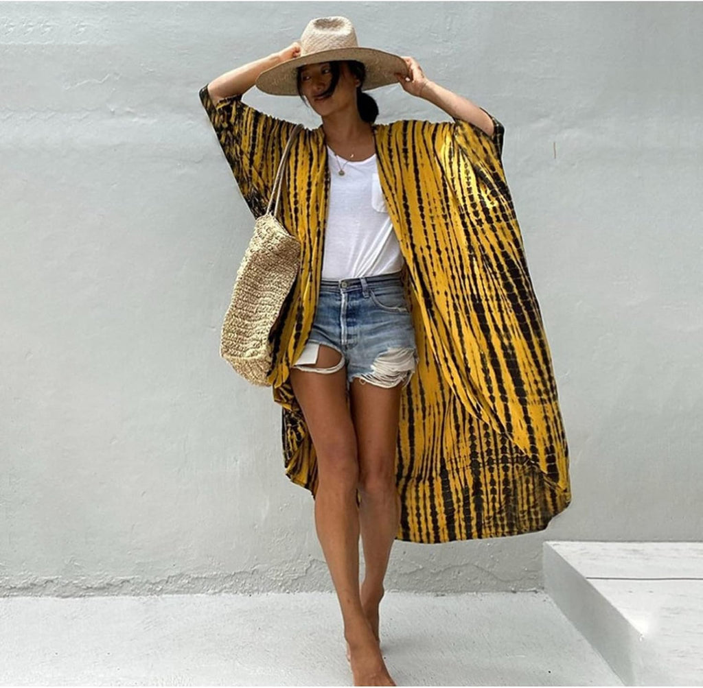 Long Beach Damen Maxi Strandkleid Kimono Cardigan offen Boho Blumen