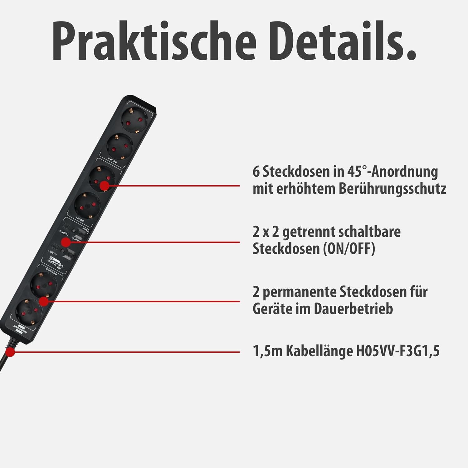 Brennenstuhl Eco-Line Steckdosenleiste 6-fach mit Schalter, 1,5m Kabel