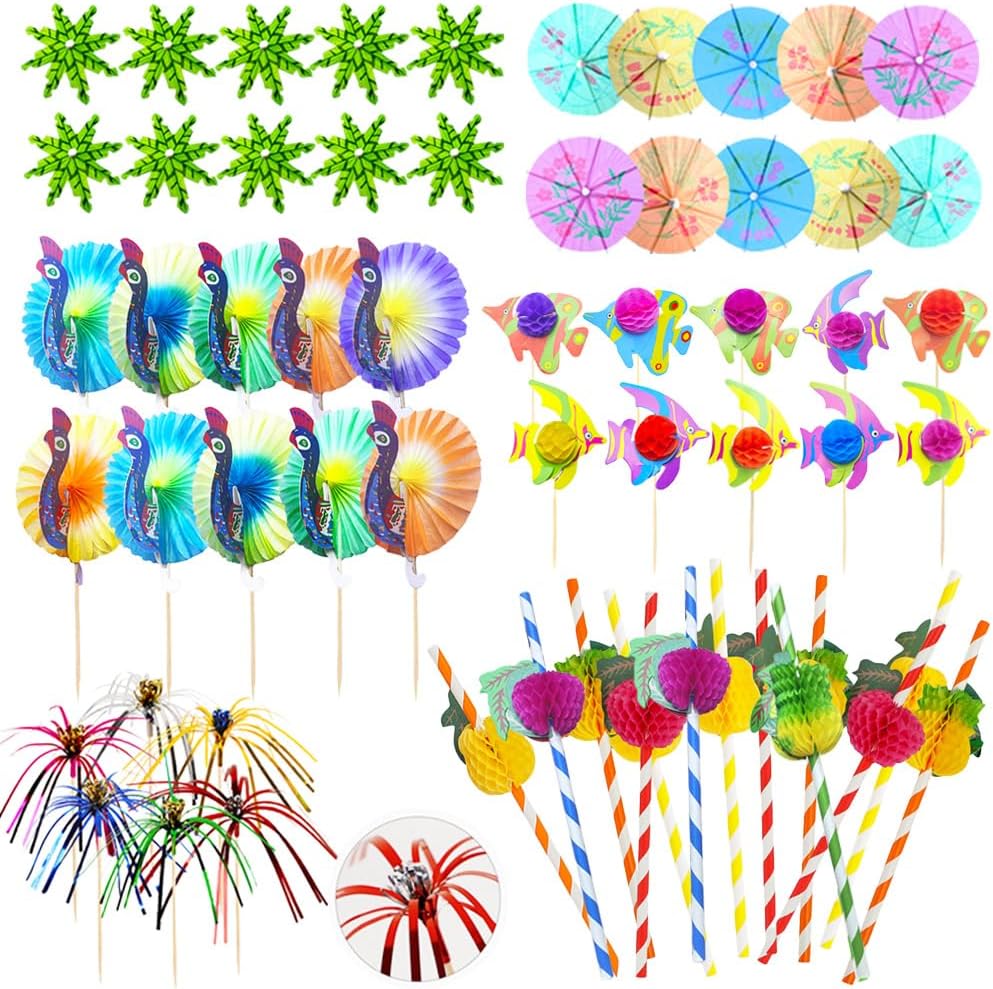 80-teiliges Cocktail Deko-Set Schirmchen Strohhalme Wunderkerzen