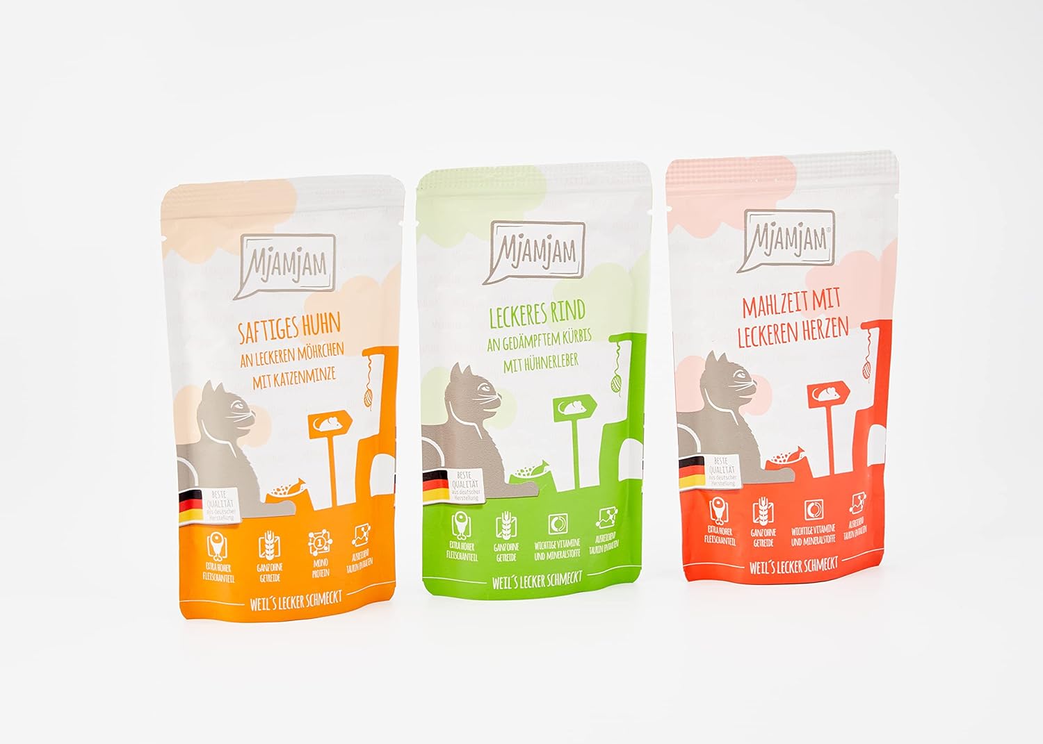 MjAMjAM Premium Katzen Nassfutter Mixpaket I 12x125g Huhn Rind Herzen getreidefr