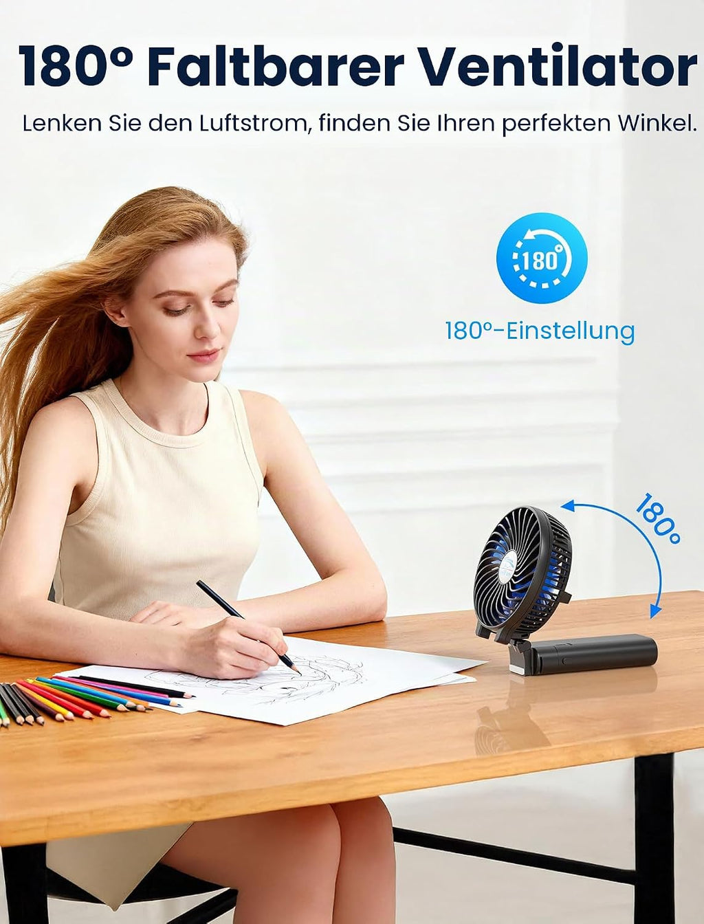 HandFan 5200mAh Akku Ventilator 3 Stufen 180° faltbar USB Powerbank