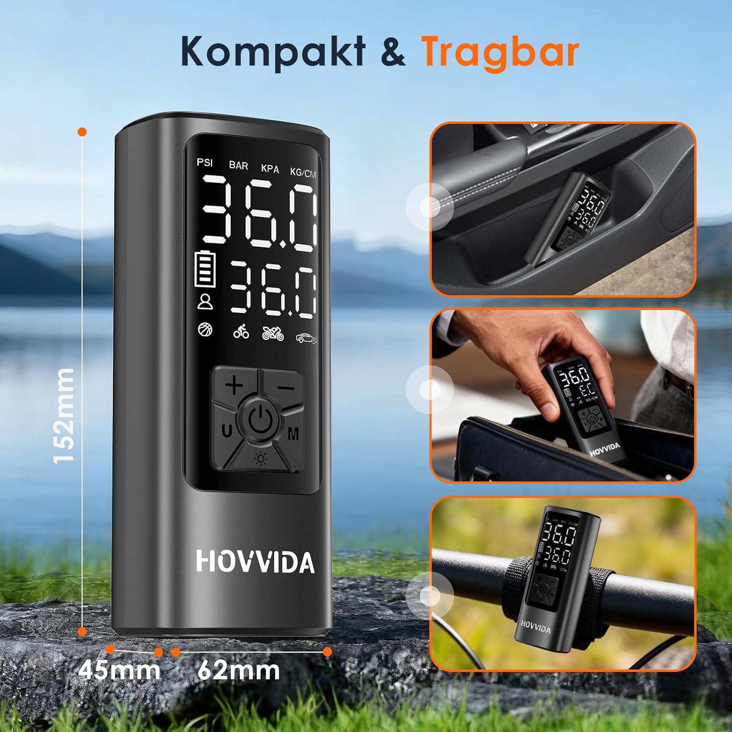 HOVVIDA Akku-Kompressor 10,3 Bar Digitales Reifendruckgeraet fuer Auto Fahrrad E-B