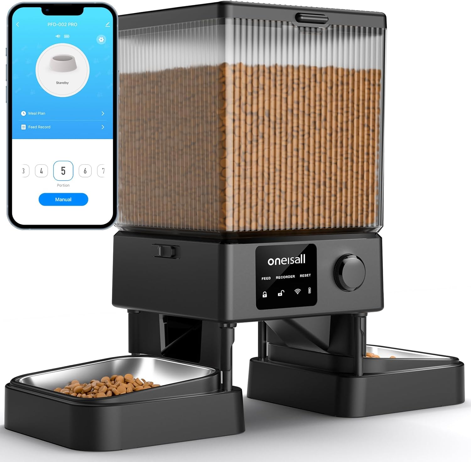 oneisall Futterautomat Katze mit 2 Naepfen WiFi App Steuerung Voice Recorder