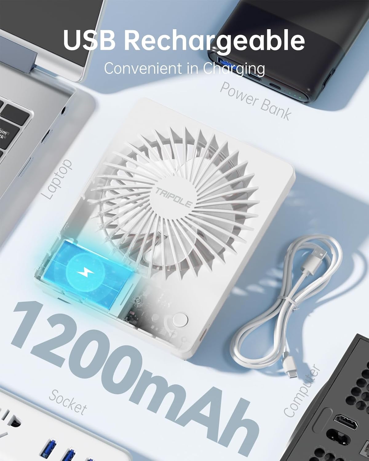 TriPole Tischventilator wiederaufladbar 180° neigbar 3 Stufen USB klein