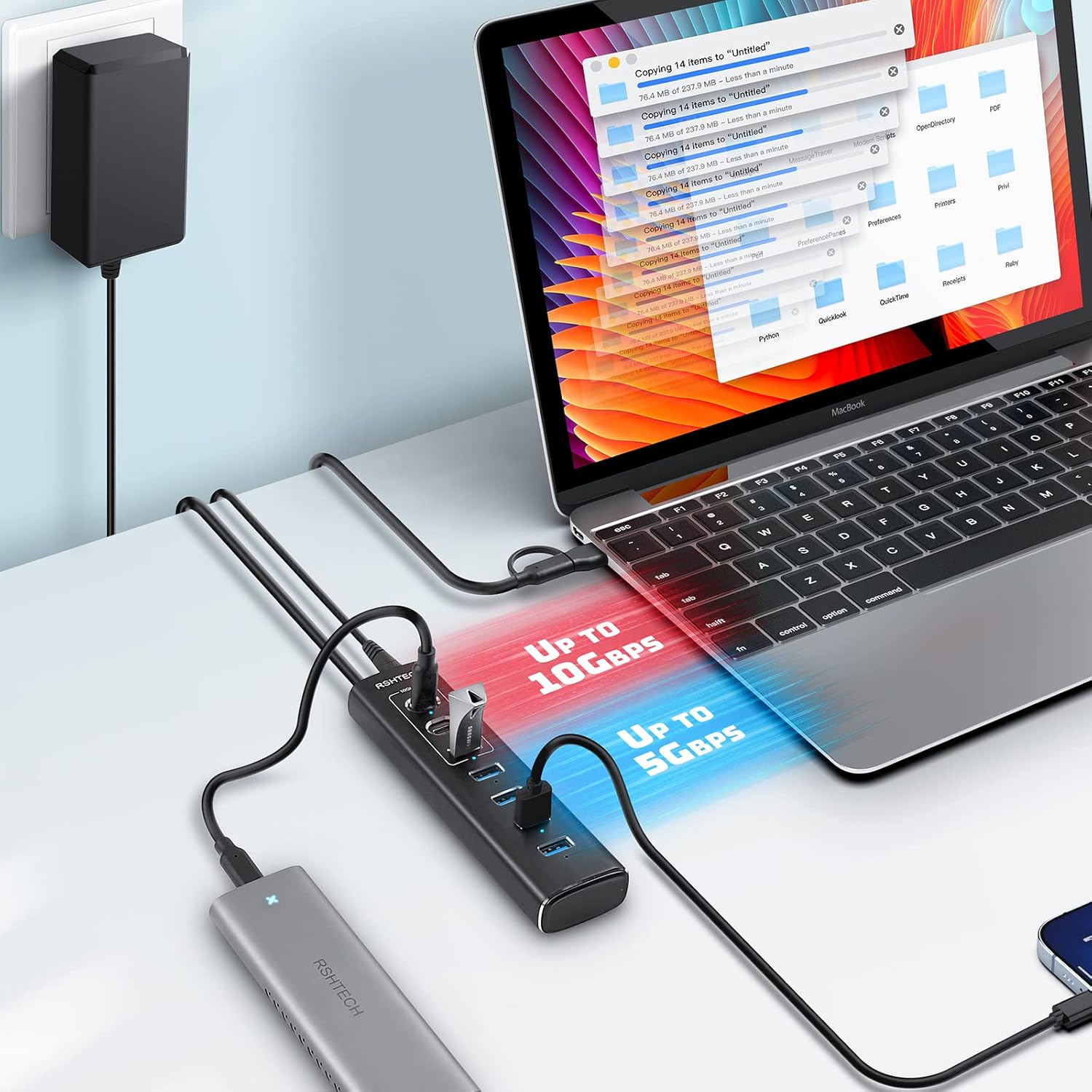 RSHTECH USB‑C Hub 7‑Port 10 Gbps mit Netzteil, USB Splitter Adapter