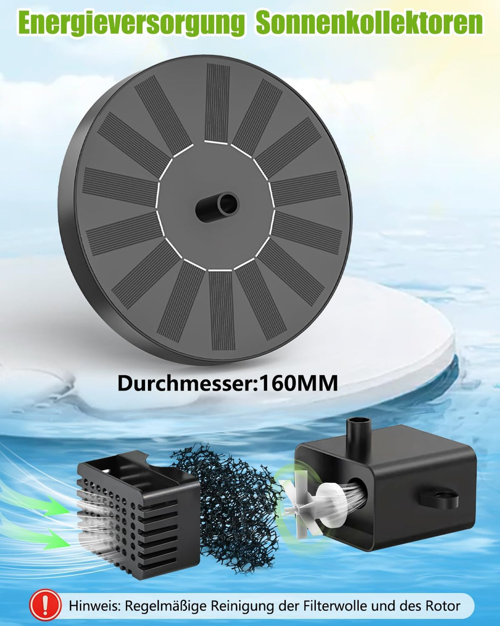 Solar Springbrunnen Pumpe schwimmend mit 6 Wasserstrahl-Effekten fuer Teich Garte