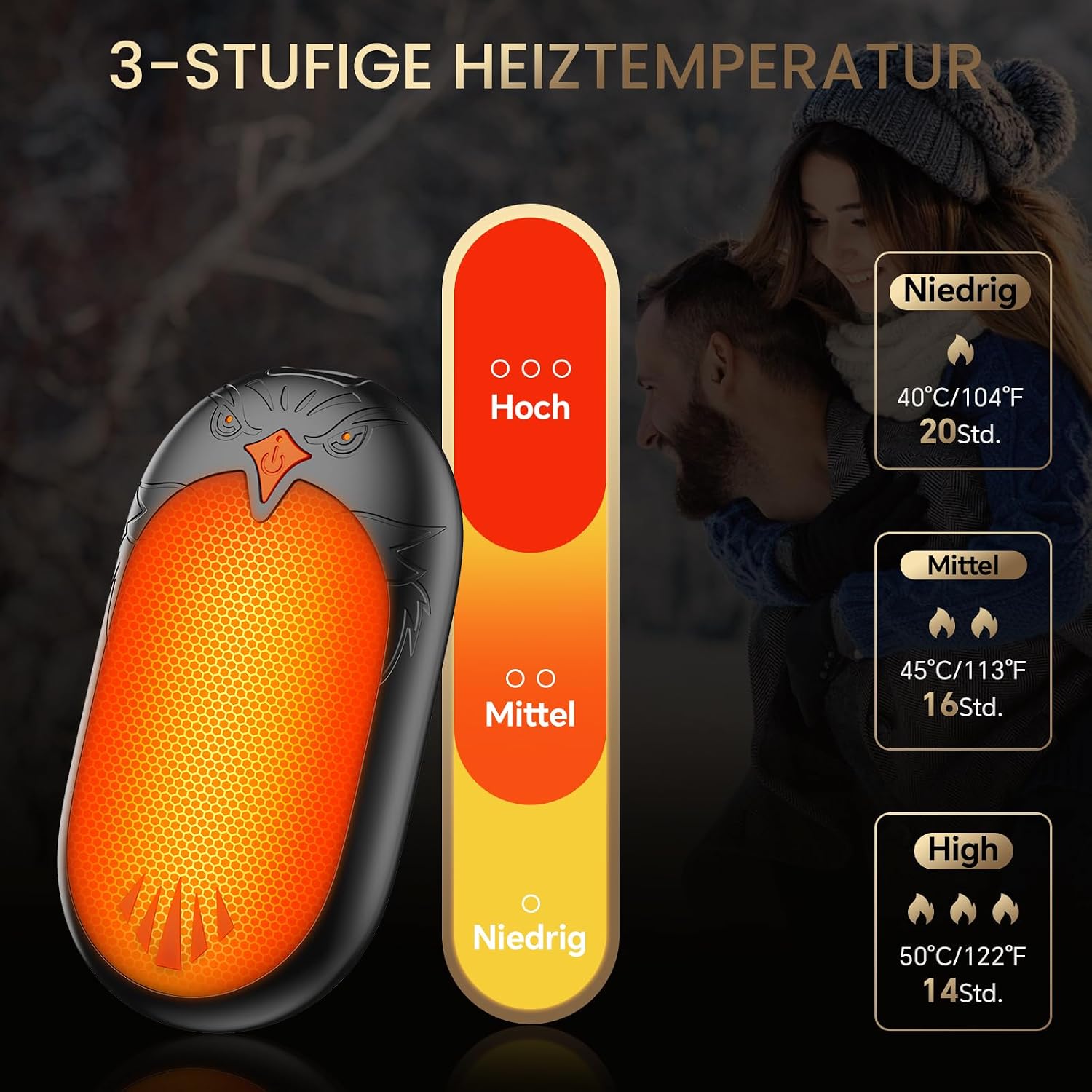 Elektrischer Handwaermer 2er Set wiederaufladbar USB 3 Heizstufen Outdoor