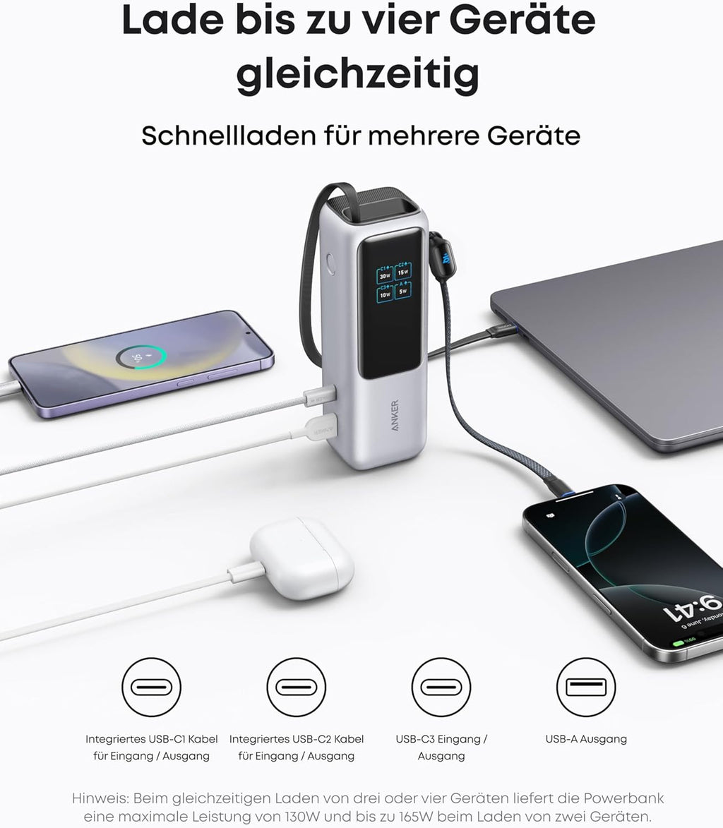 Anker 165W 25000mAh Powerbank mit 3x USB‑C, 70cm Kabel, Trageband