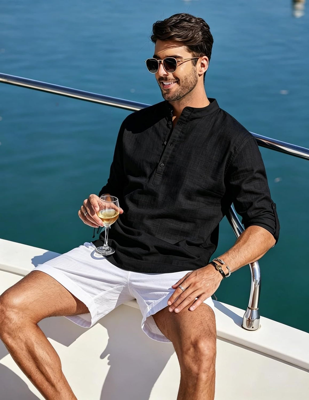 Cegerne Herren Leinenhemd Langarm Henley Sommerhemd Freizeit Strand S-3XL