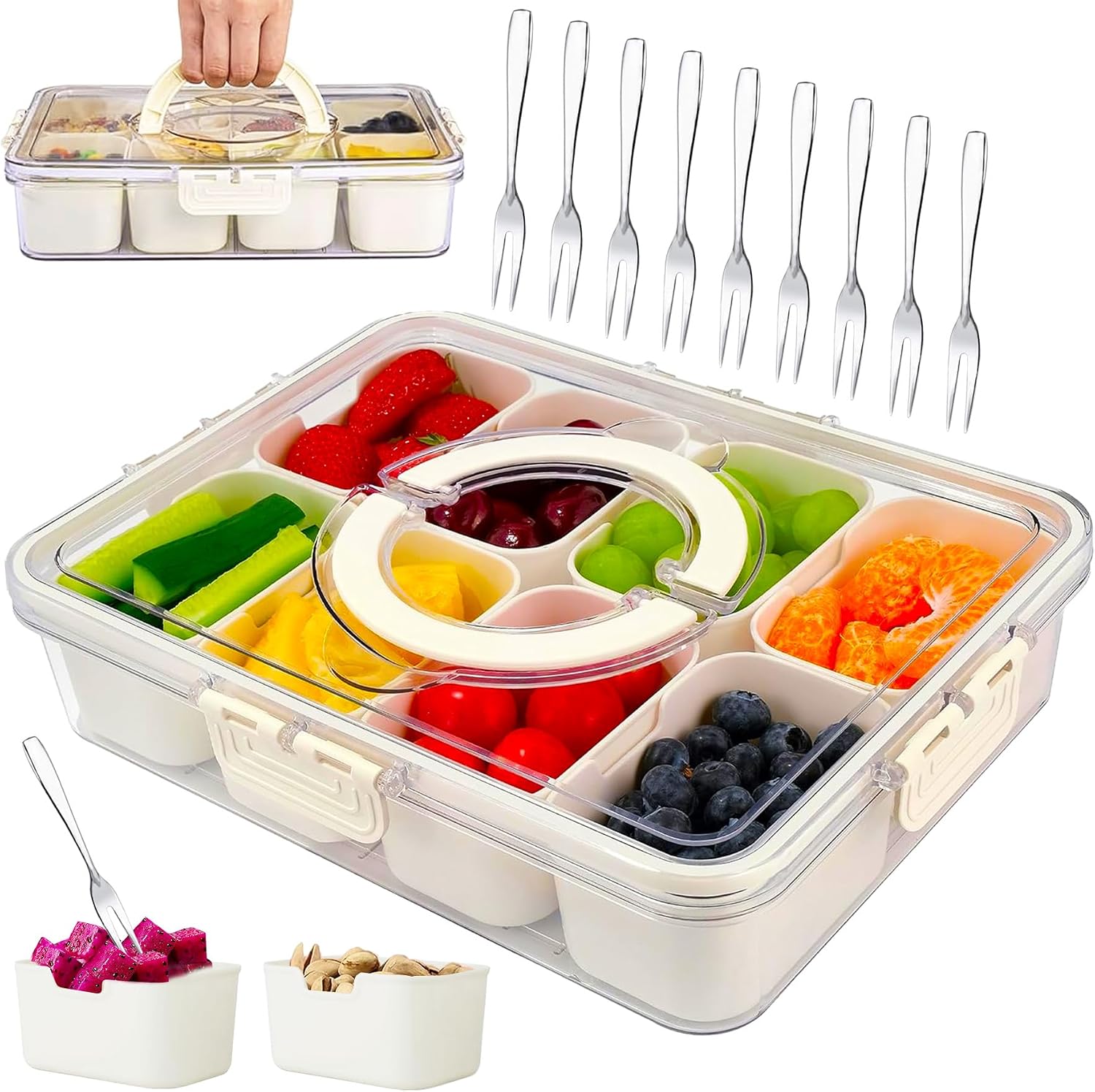 TZEKING Snackbox 8 Faecher mit Deckel - tragbare Snackschale fuer Fruechte Gewuerze