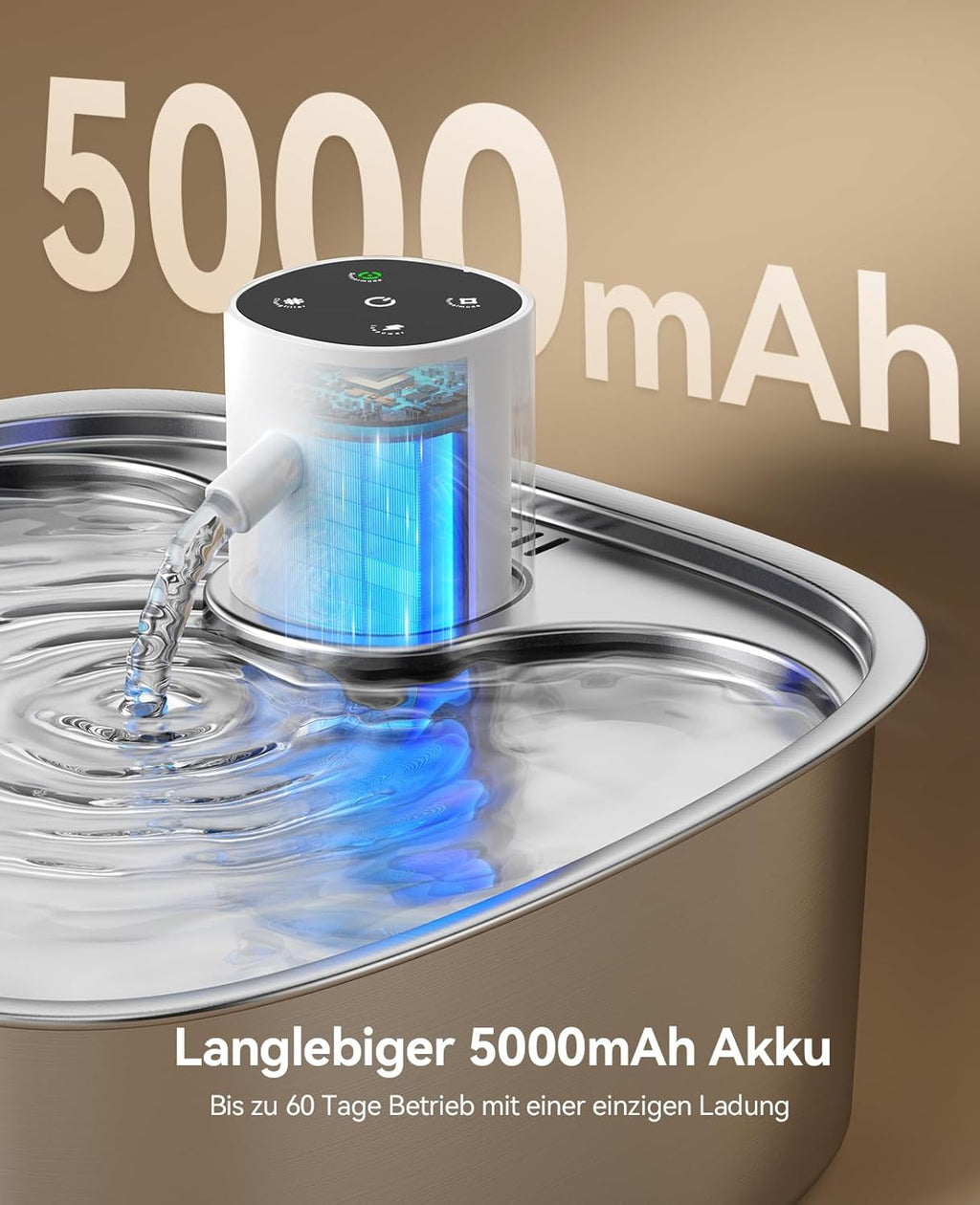 FEELNEED Katzenbrunnen kabellos 5000 mAh mit 3 Filtern Edelstahl