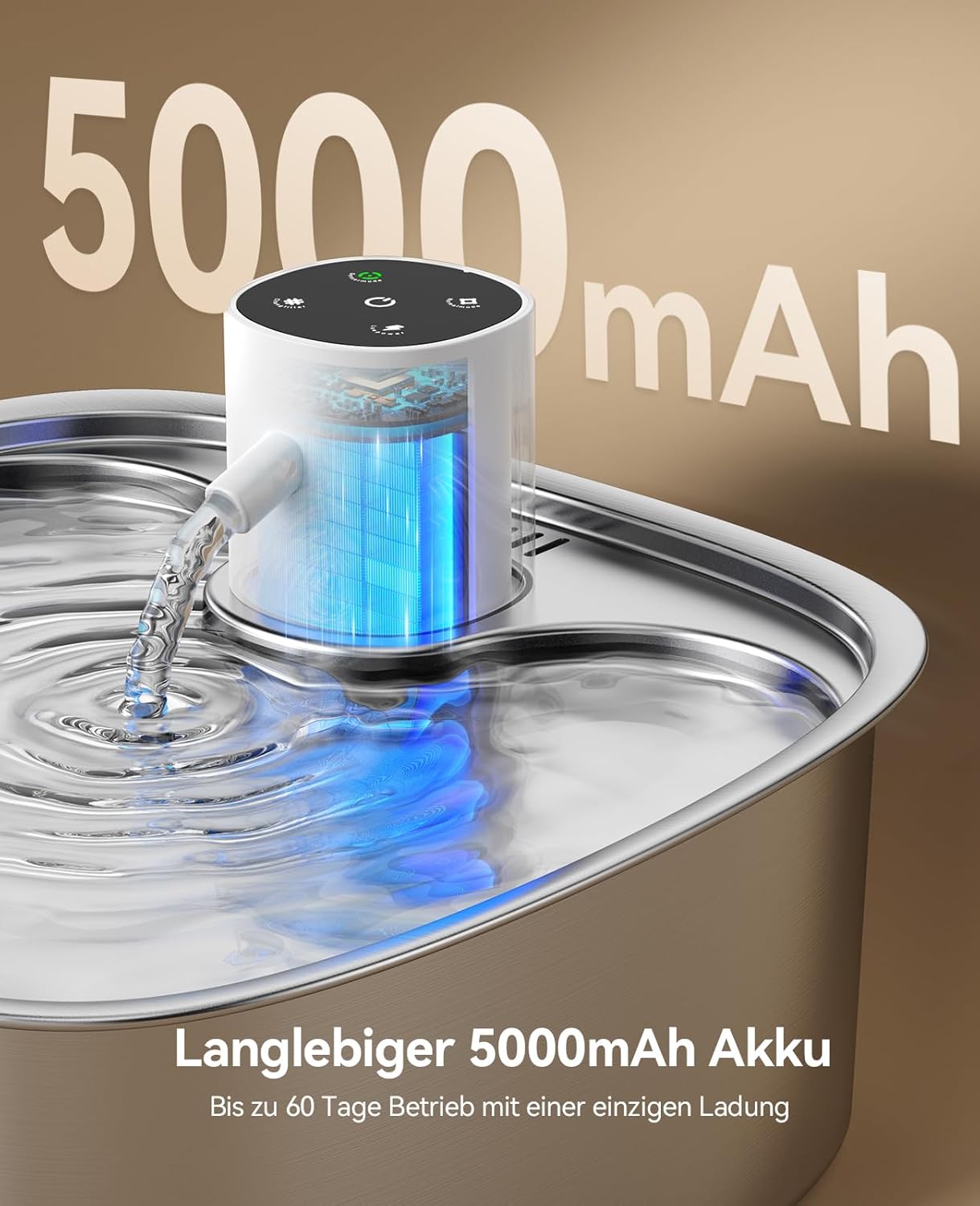 FEELNEED Katzenbrunnen kabellos 5000 mAh mit 3 Filtern Edelstahl