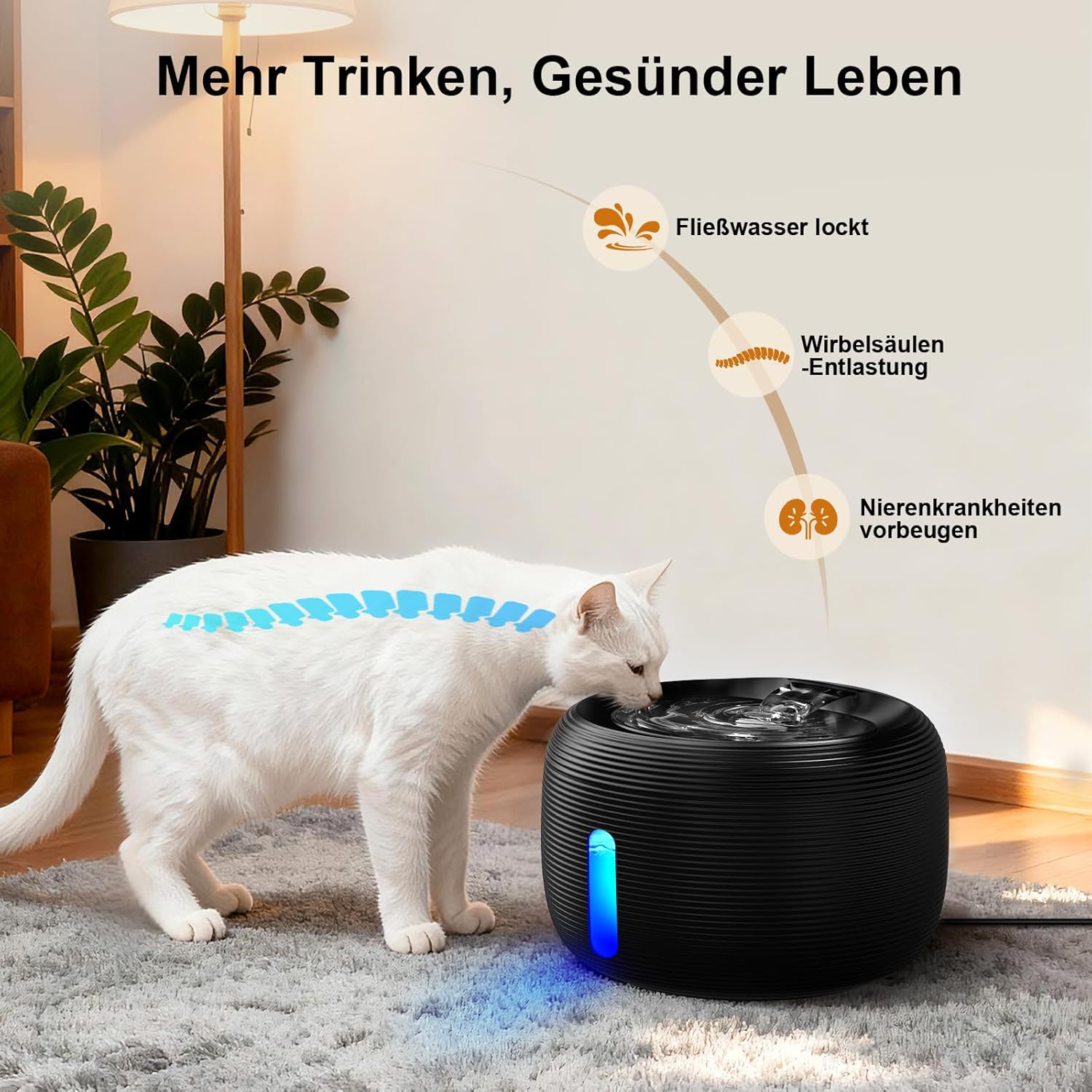 SIBAYS Katzen Trinkbrunnen mit leisem 25 dB Pumpenmotor, LED, Aktivkohlefi