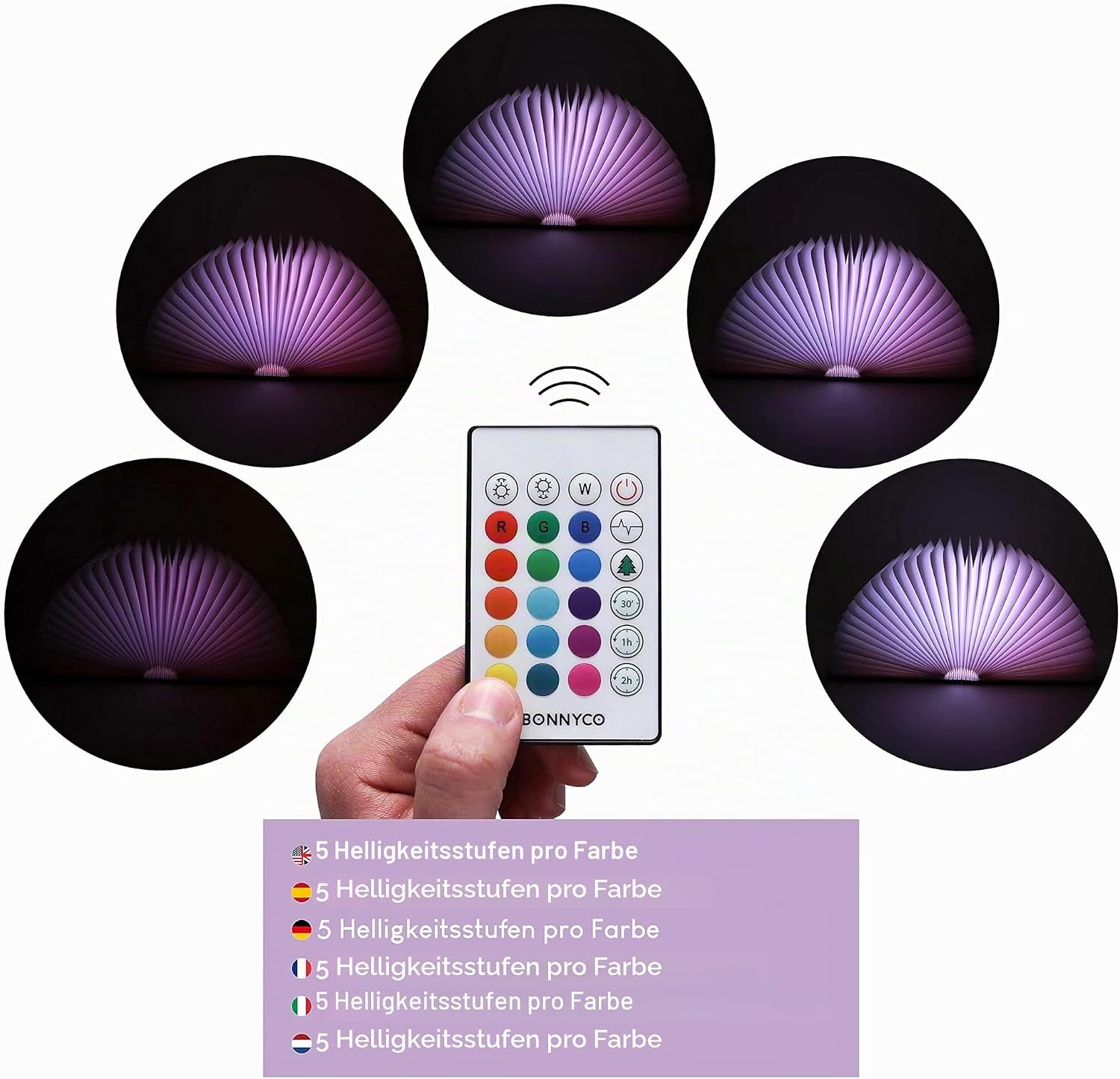 BONNYCO LED Buchlampe Holz 16 Farben Timer Deko Geschenk