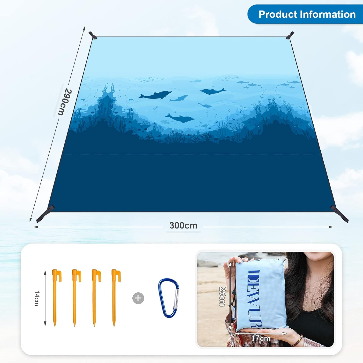 DEWUR Stranddecke sandfrei XXL 210x200 cm wasserdicht Picknickdecke Sea Fish