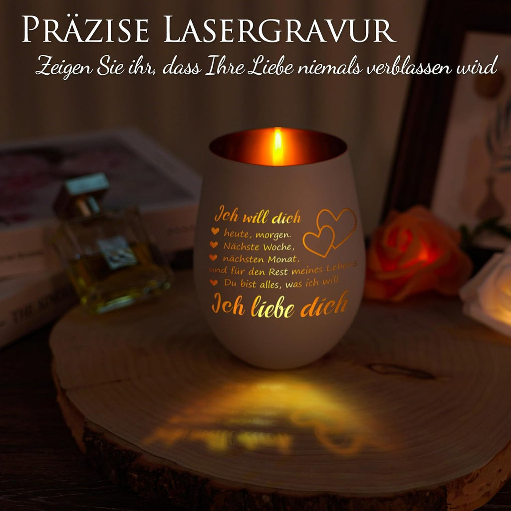 Teelichthalter Weiss mit Schrift "Ich liebe dich" Geschenk fuer Partnerin