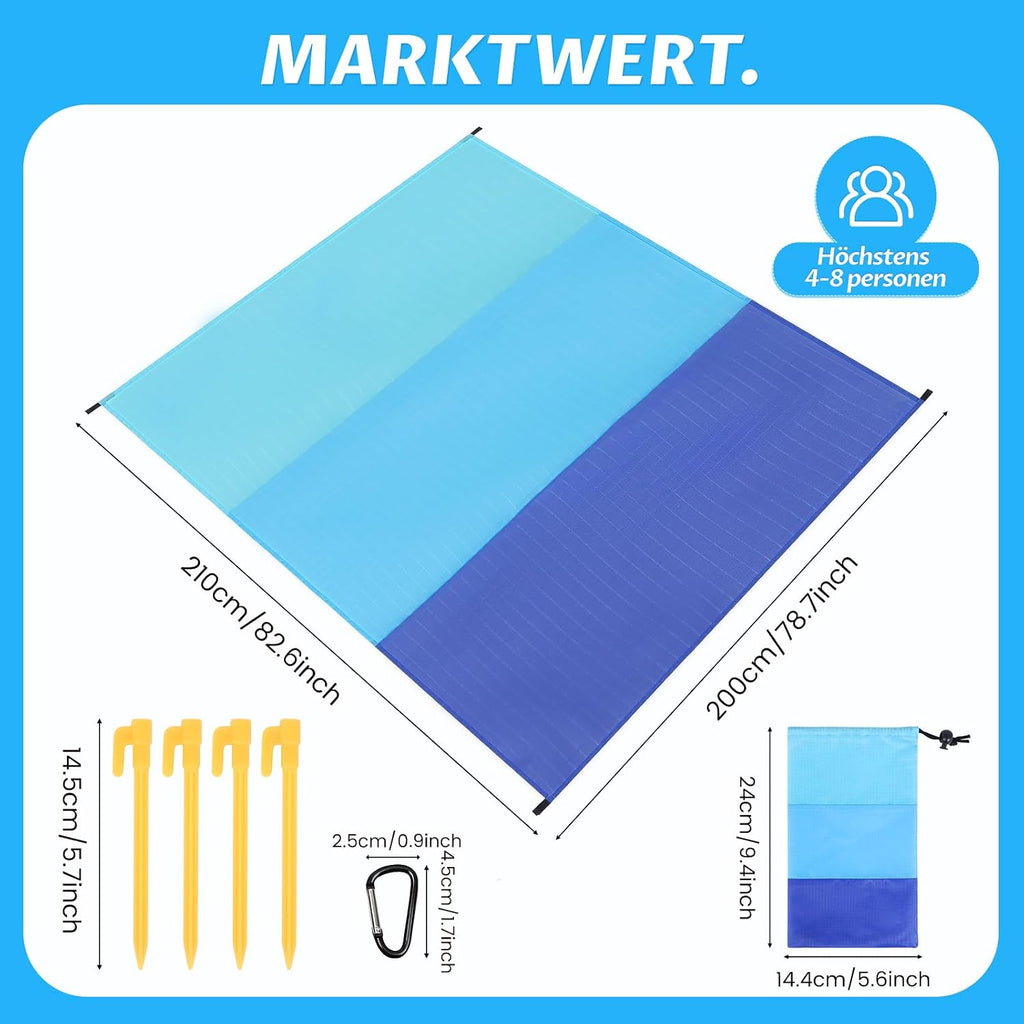 Sandfreie Stranddecke 210x200 cm wasserdicht ultraleicht XXL mit Tragetasche
