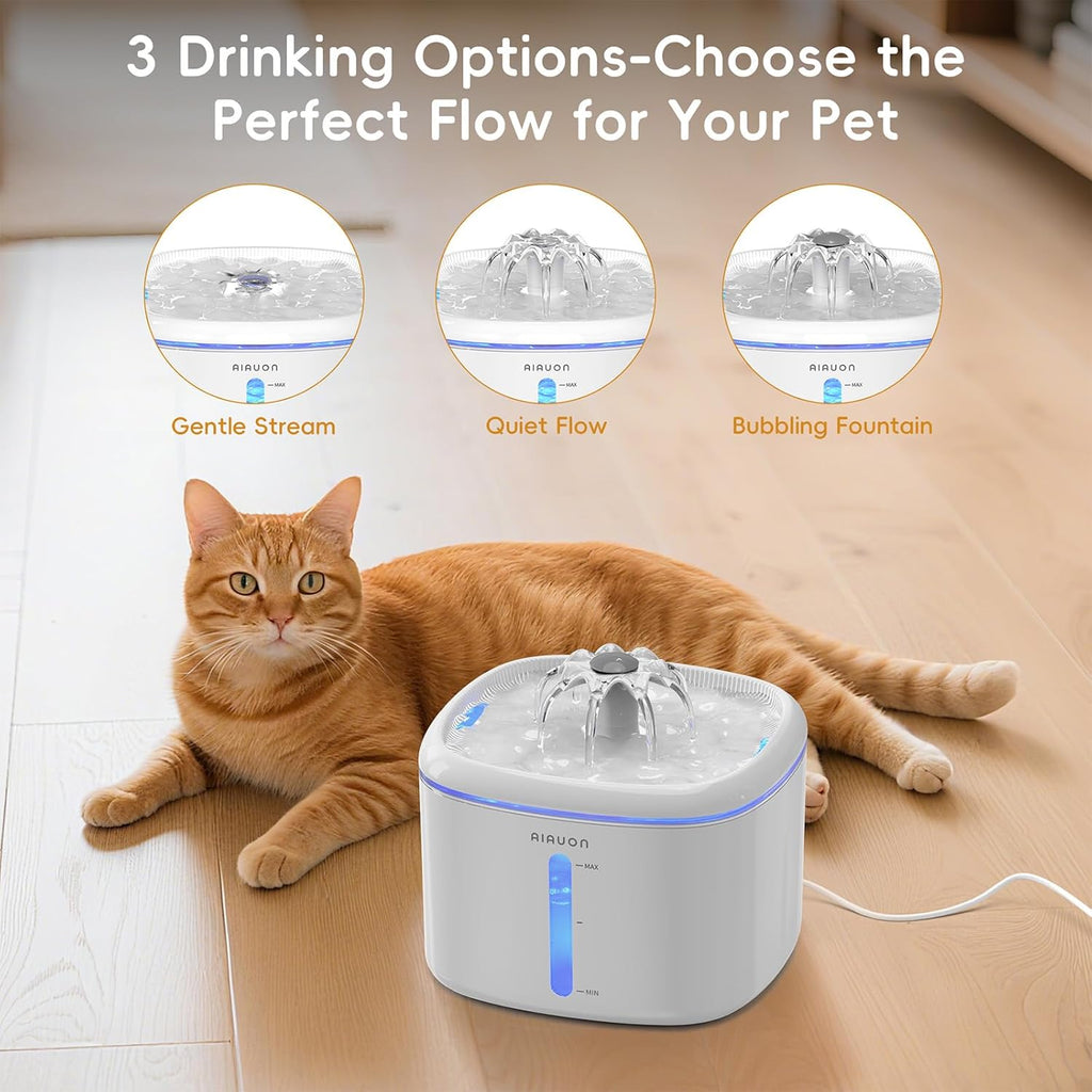 Katzen Trinkbrunnen leise mit LED Wasserstand und 2 Ersatzfiltern Weiss