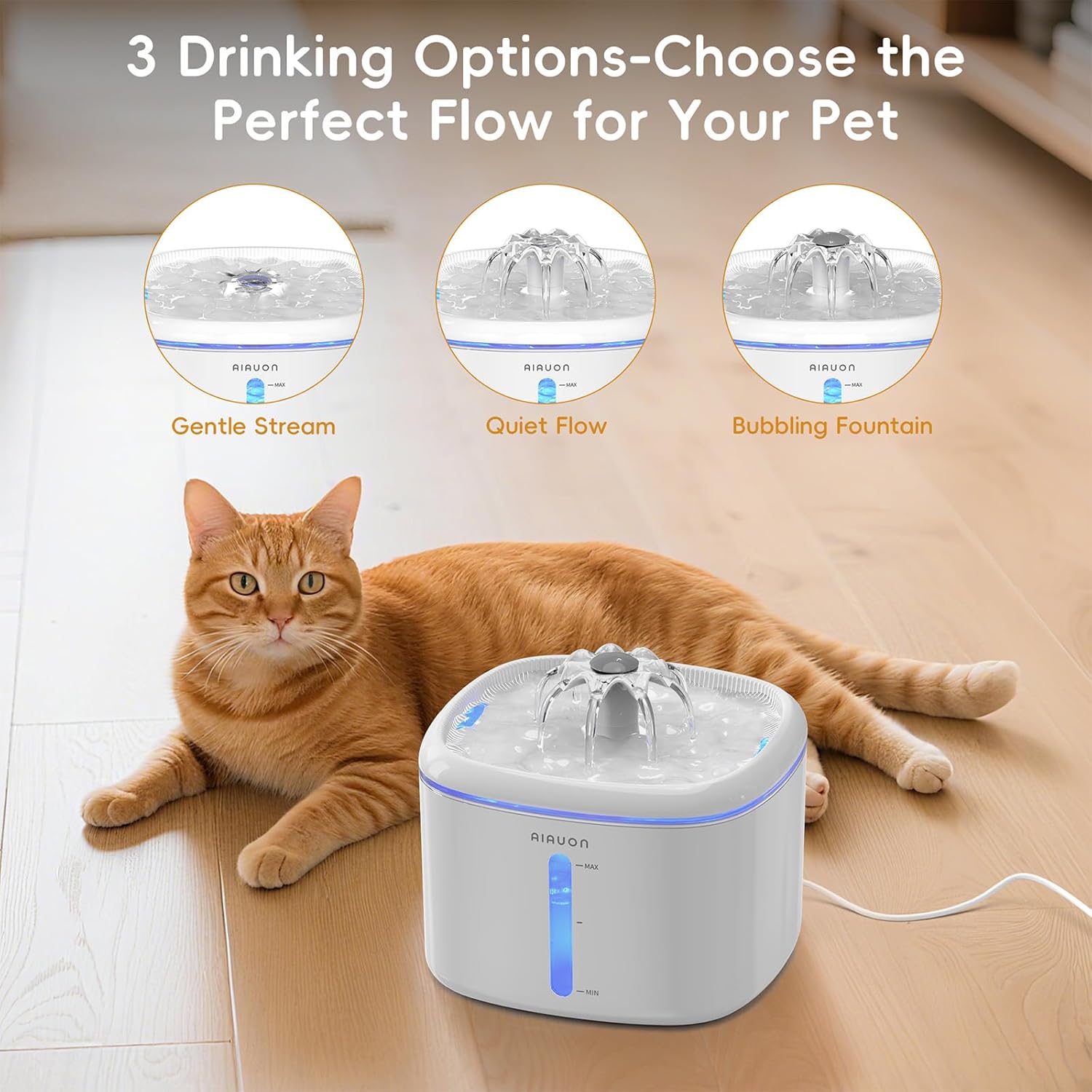 Katzen Trinkbrunnen leise mit LED Wasserstand und 2 Ersatzfiltern Weiss