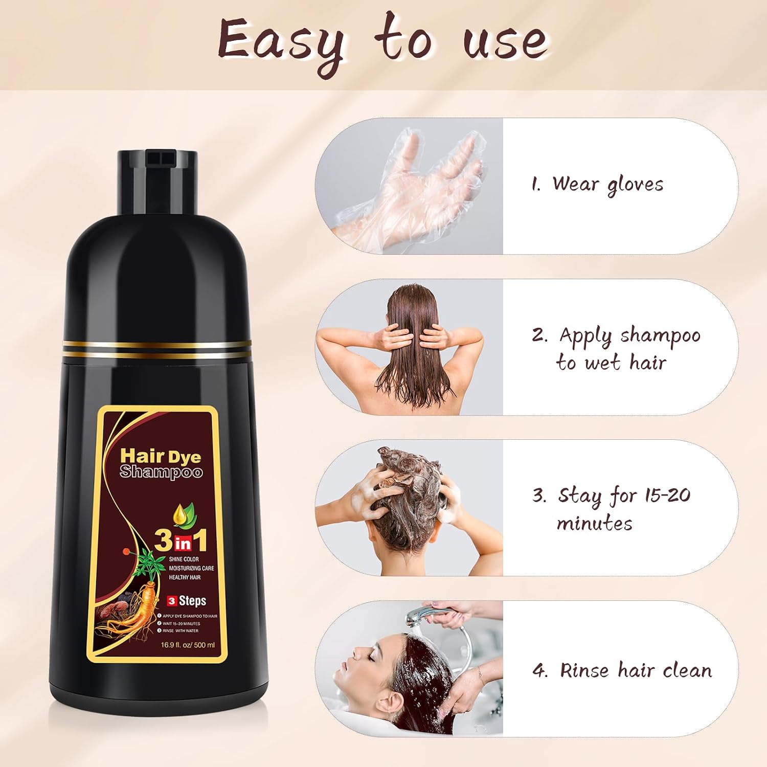 Haarfaerbeshampoo Schwarz 3‑in‑1 fuer Maenner und Frauen graues Haar