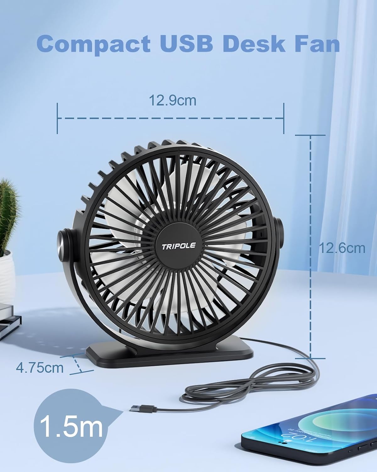 TriPole Mini Tischventilator USB 3 Geschwindigkeiten 360° Neigung leise