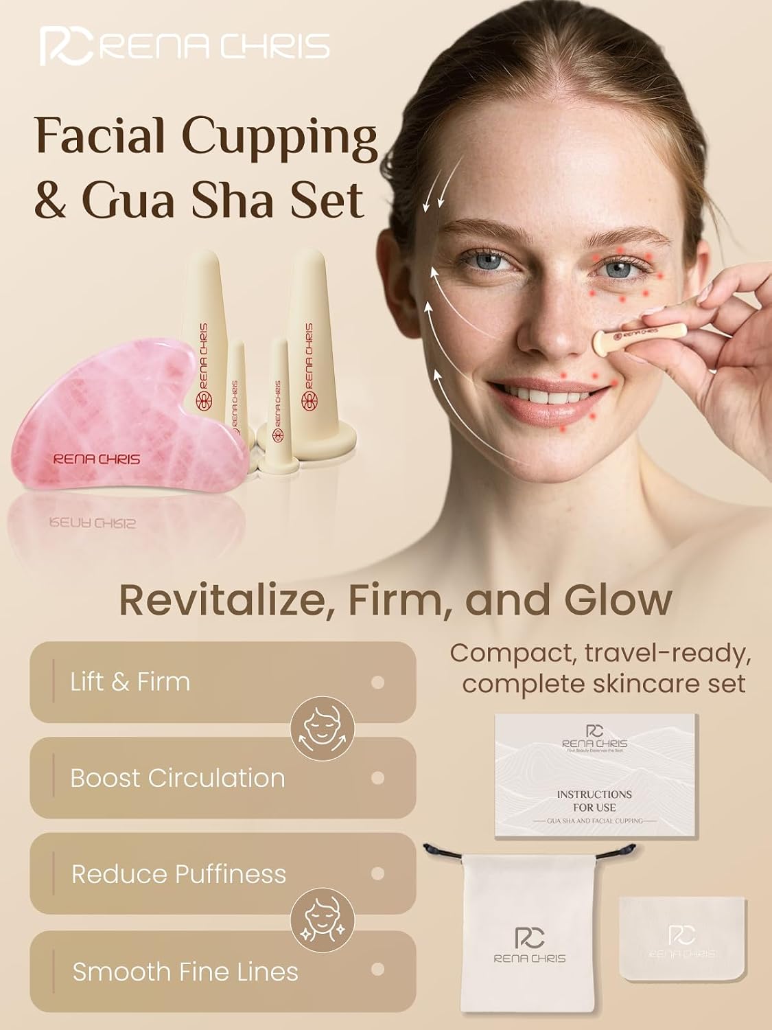 Rena Chris Gesichts-Schroepfset Gua Sha Rosenquarz Silikon Gesichtspflege Rosa