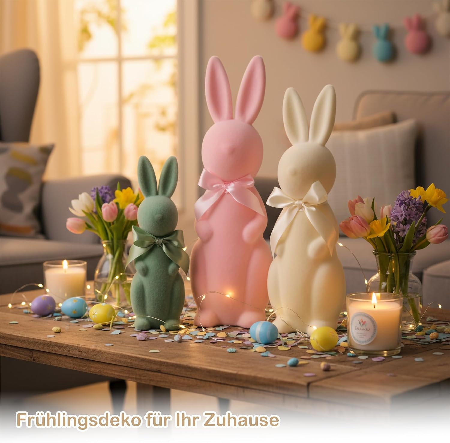 Deko Hasen 3er Set pastell flauschig Tischdeko Osterhase Figuren