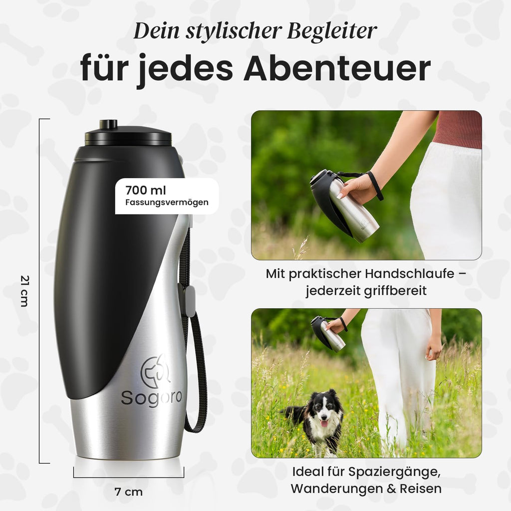 Hundetrinkflasche 700 ml Edelstahl auslaufsicher tragbar fuer unterwegs