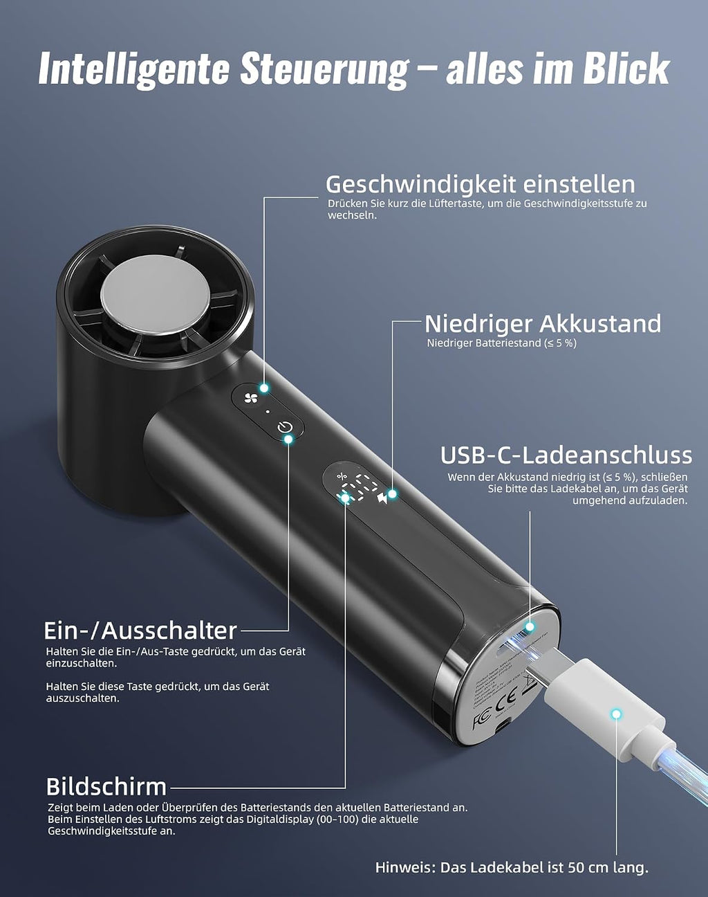 Handventilator Mini wiederaufladbar USB schwarz - Tragbarer Tischventilator fuer