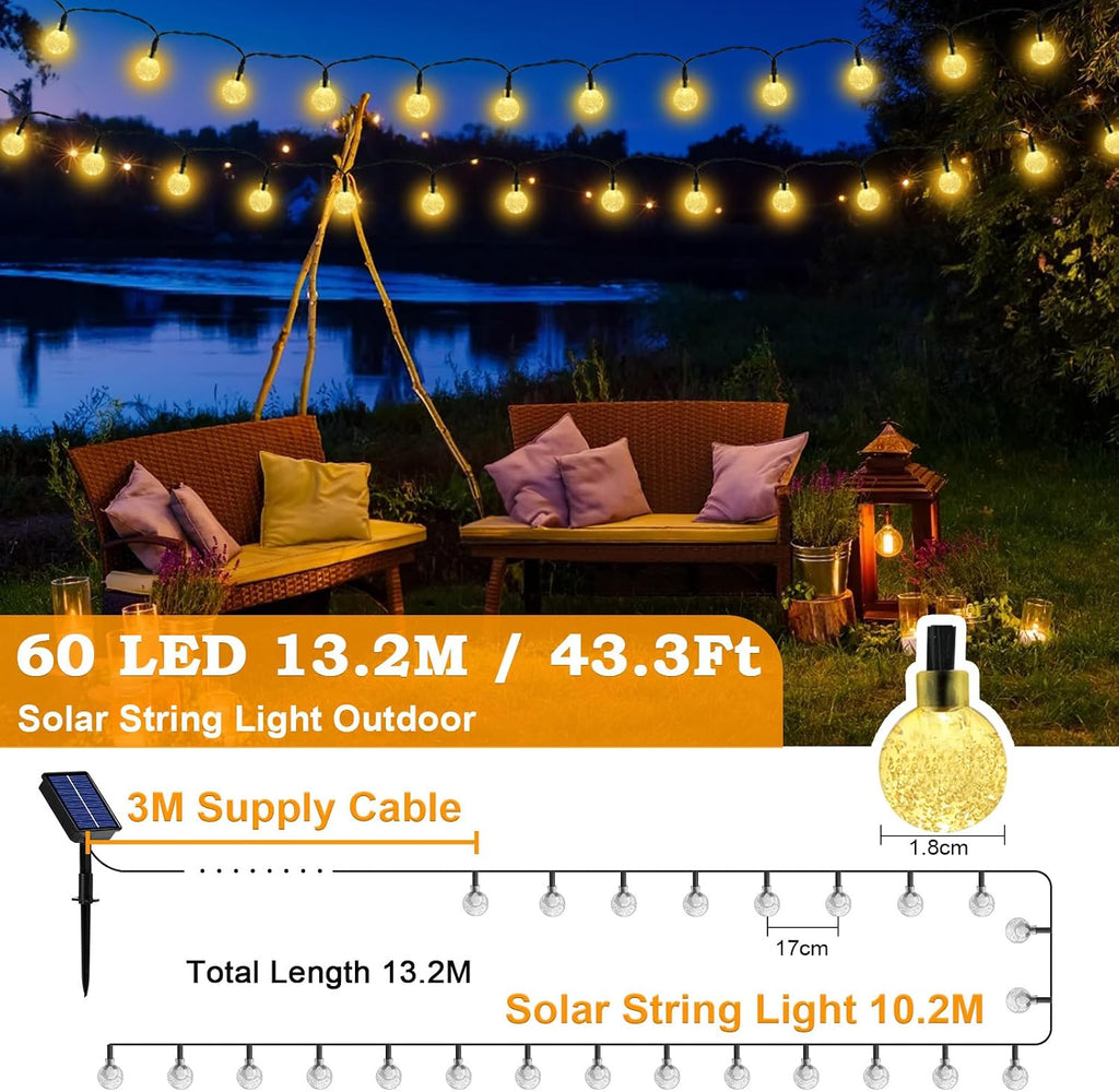Solar Lichterkette 60 LED Warmweiss 3m+10,2m IP65 8 Modi fuer Garten Balkon