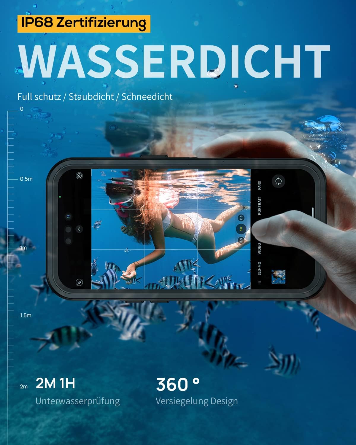 Lanhiem iPhone 15 Huelle IP68 Wasserdicht 360° Ganzkoerper Schutz Stossfest Schwarz