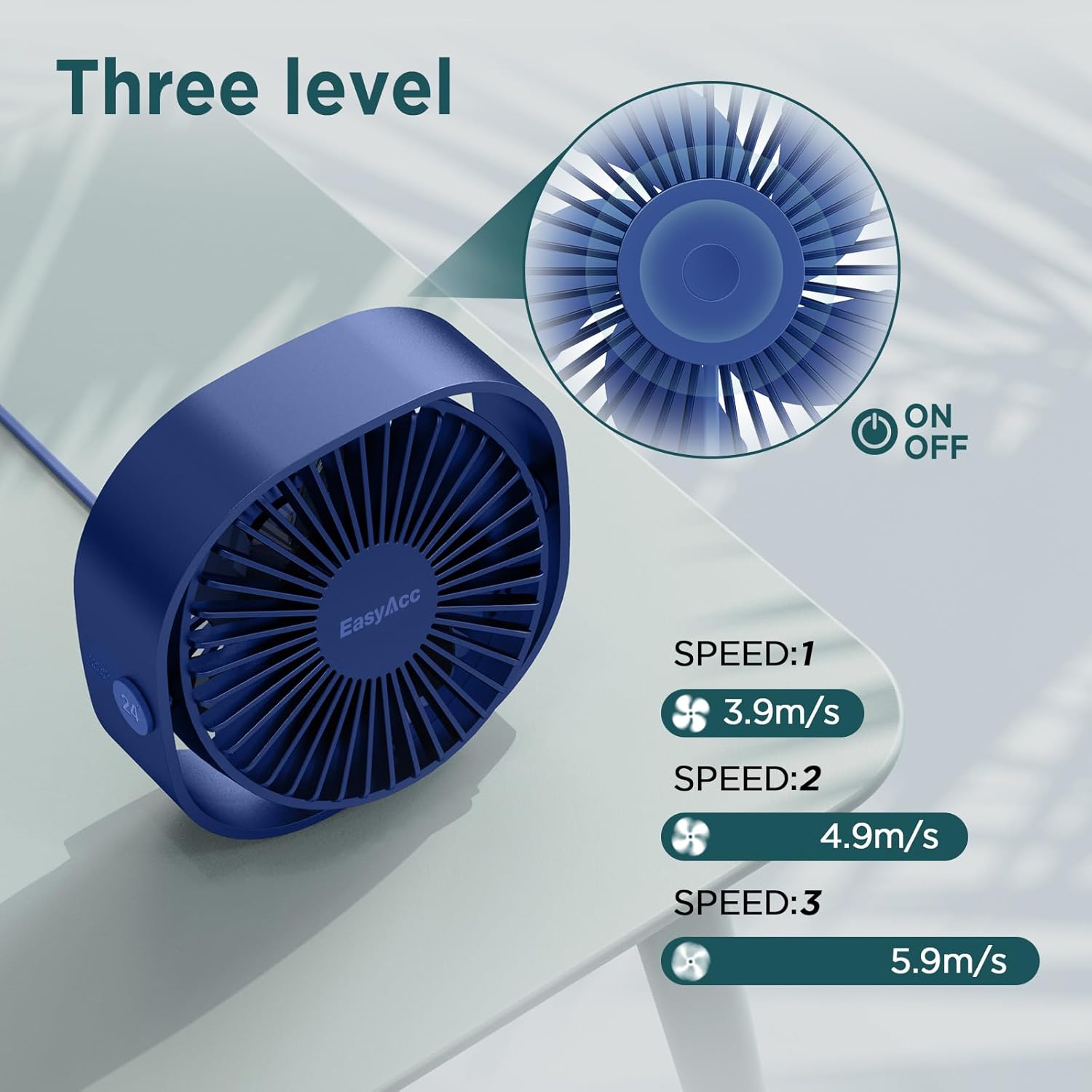 EasyAcc USB Tischventilator blau, leise, 3 Geschwindigkeiten, 360° Dreh