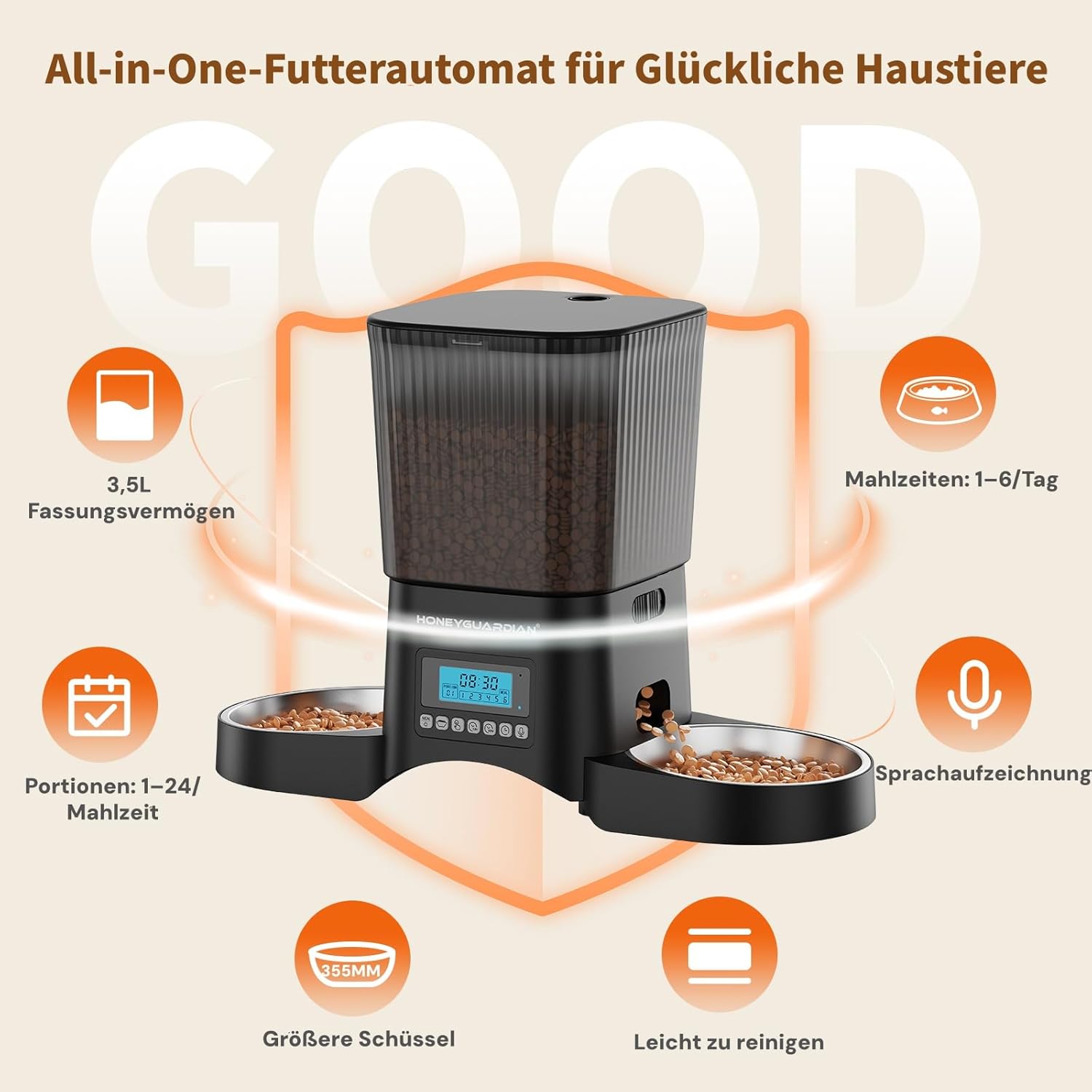 HONEYGUARDIAN Futterautomat fuer Katzen mit WiFi App Steuerung und Mahlzeitenplan