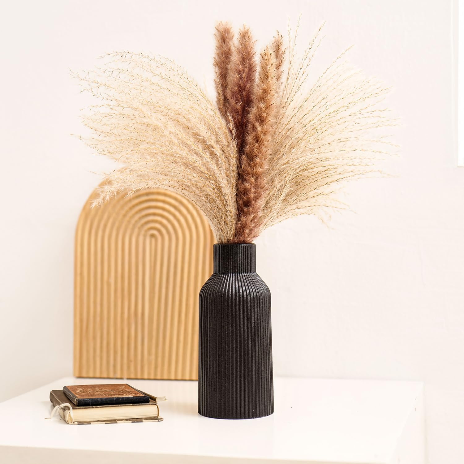 Keramikvase 20 cm matt weiss rund - Moderne Boho Deko fuer Pampasgras