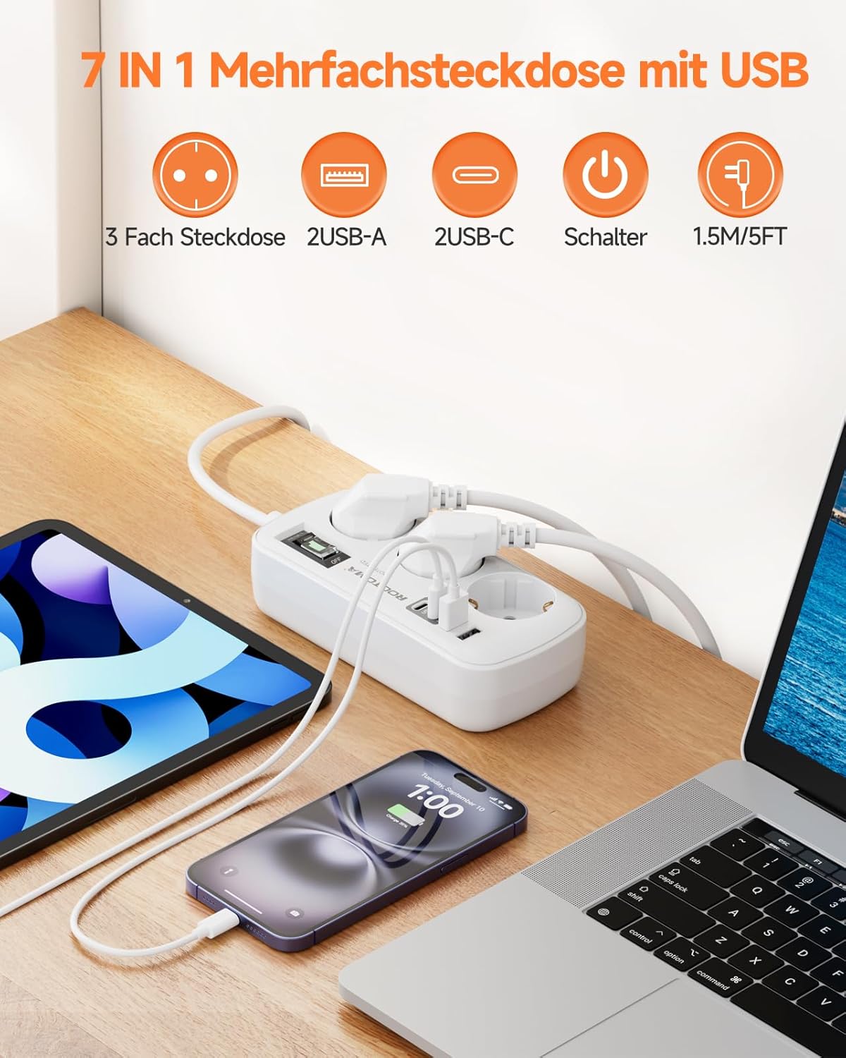 Steckdosenleiste 3-fach mit Ueberspannungsschutz und 4 USB 2x USB-C 1,5m-5m Weiss
