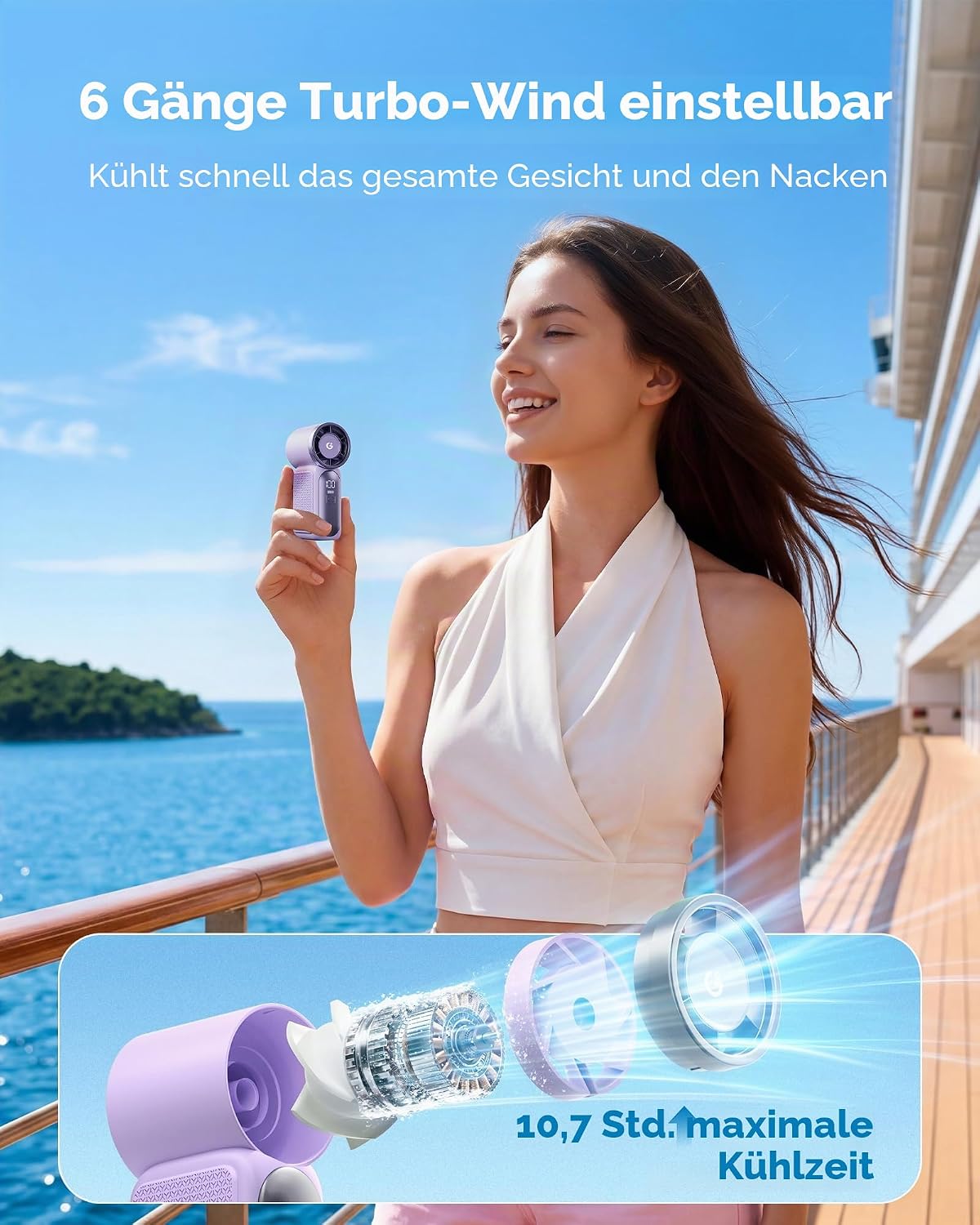 Gaiatop Mini-Handventilator USB wiederaufladbar 6 Stufen LED-Display 16900 U/min