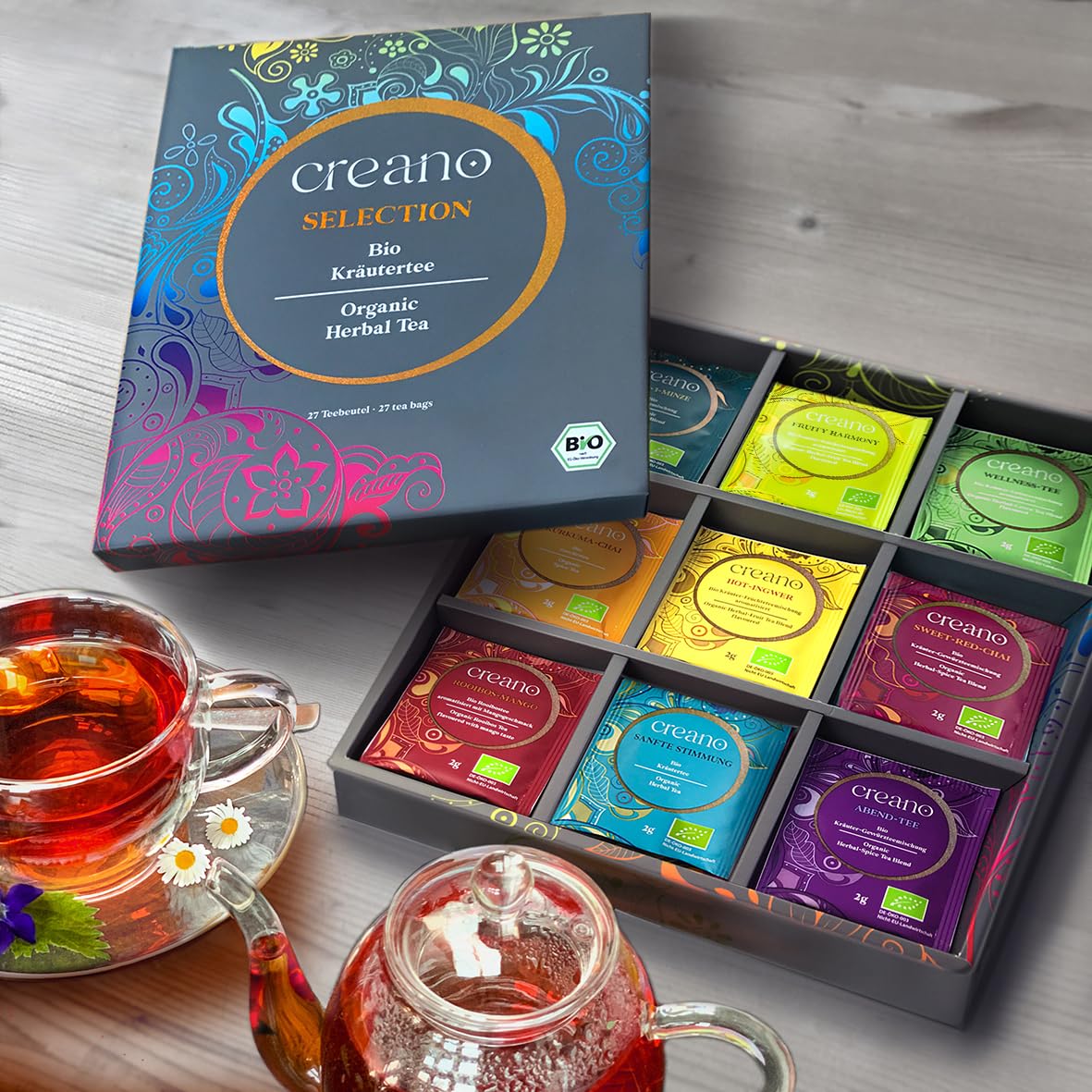 Creano Bio Tee Geschenkset 27 Teebeutel 9 Sorten Geschenkbox