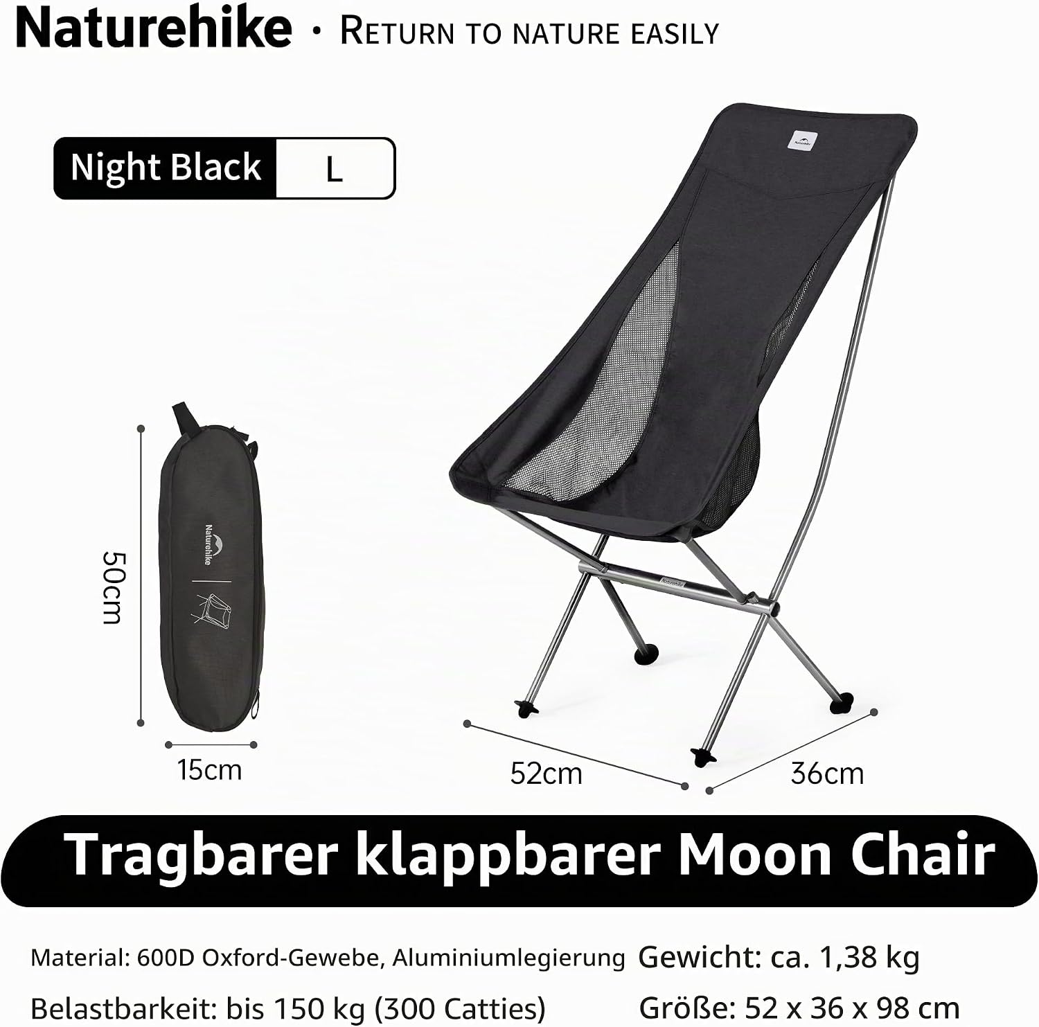 Naturehike Campingstuhl Ultraleicht klappbar bis, Schwarz