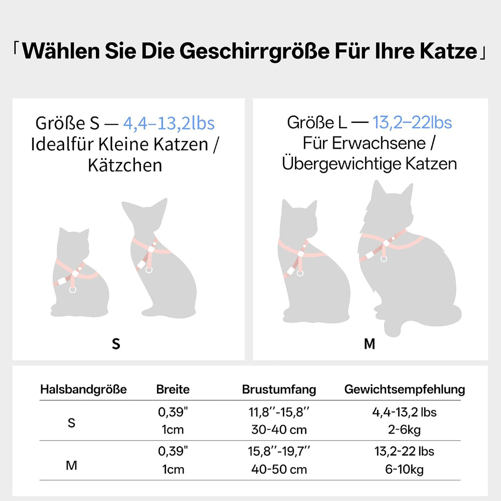 Katzengeschirr verstellbar Groesse S-M weich 8‑Form mit QR‑Code Schnellverschluss